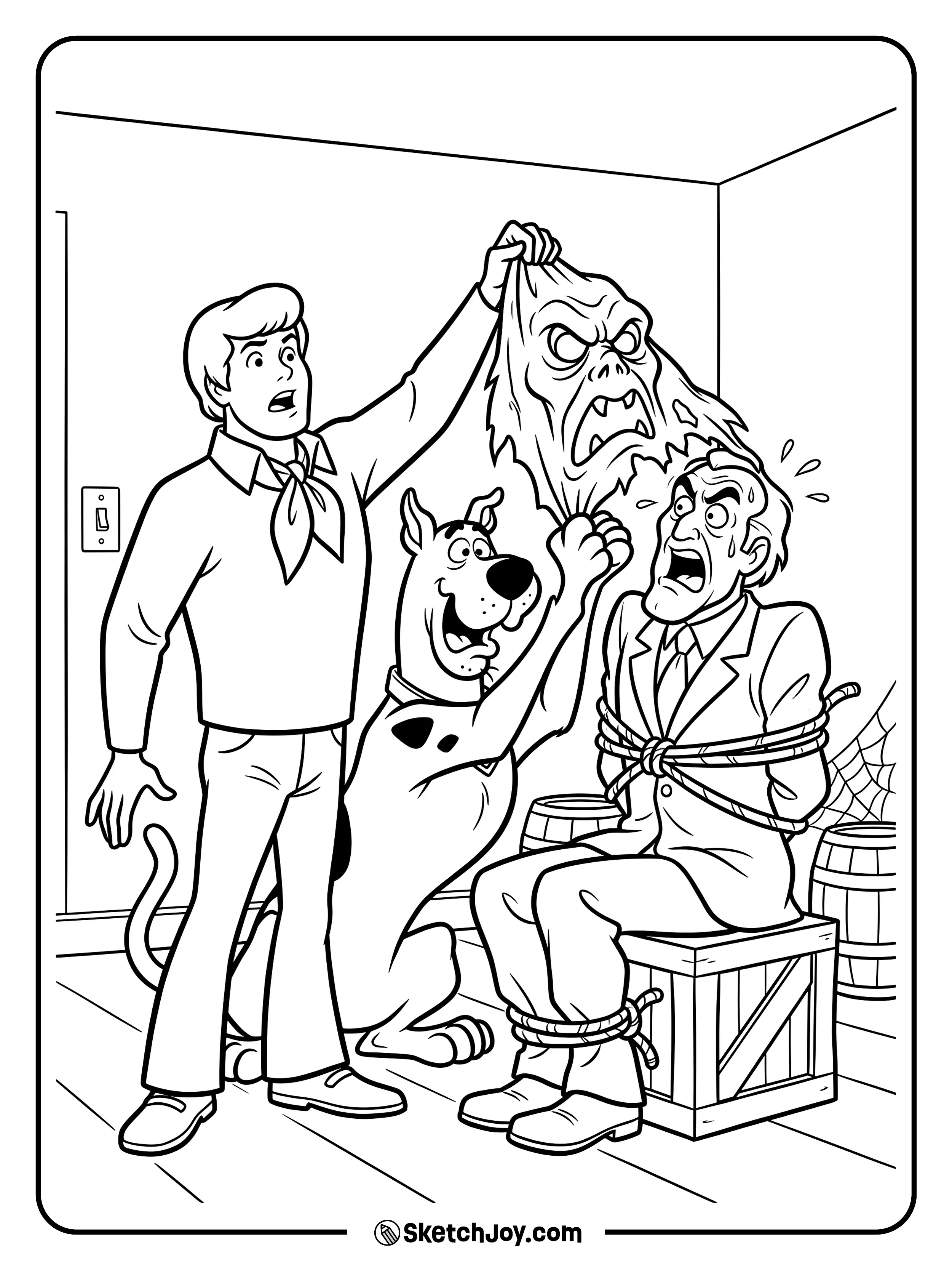 Scooby-Doo helps pull off a spooky mask after the mystery ends.