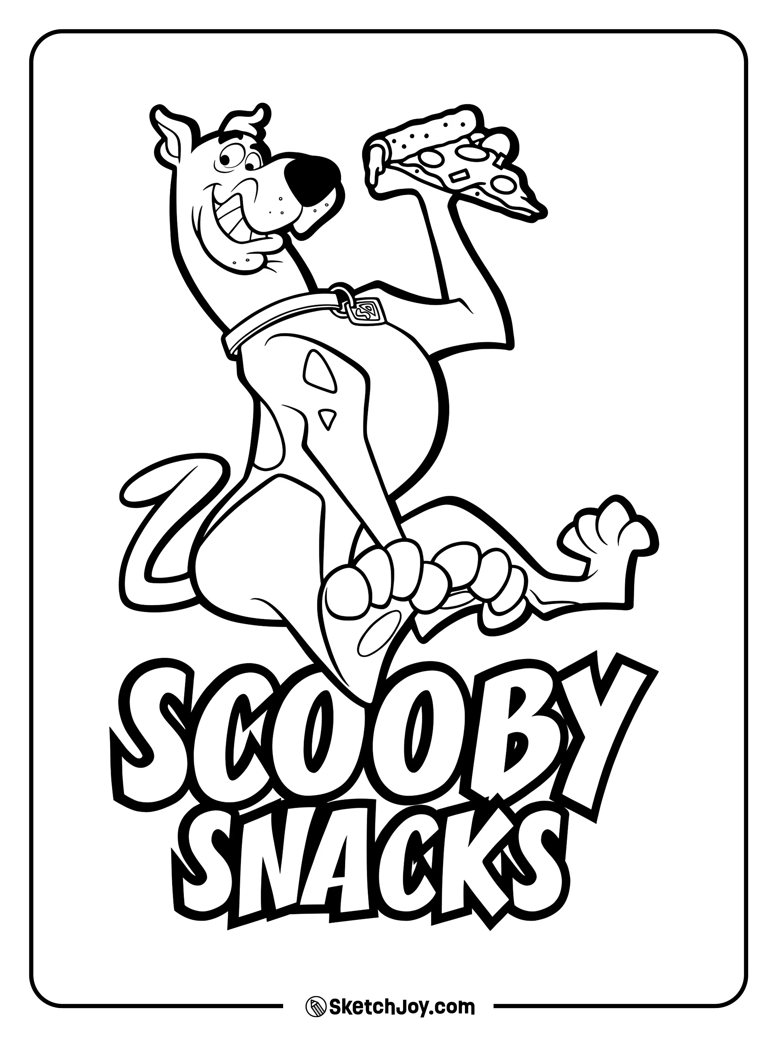 Scooby-Doo happily balances tasty snacks while sitting in a playful pose.