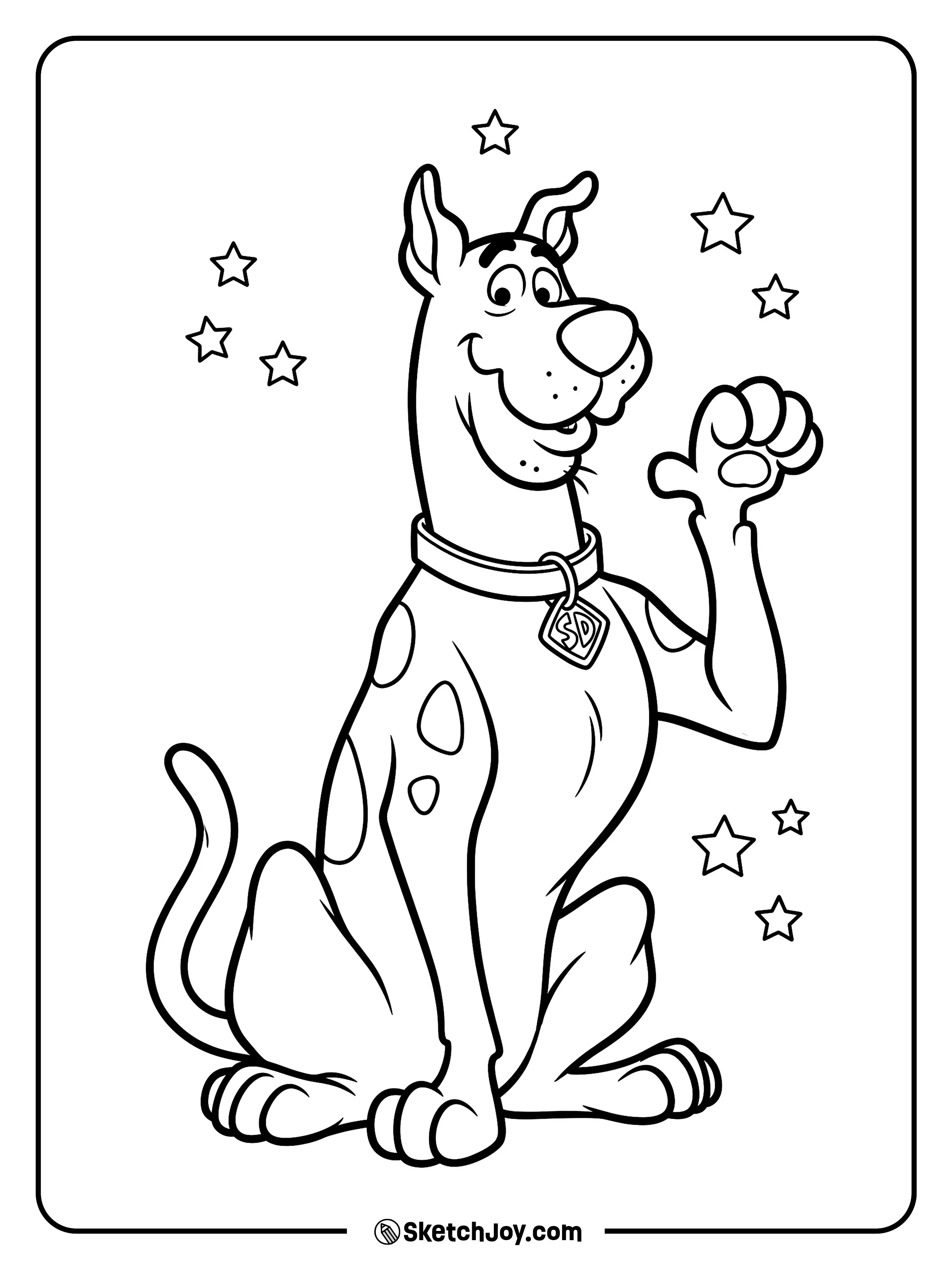 Scooby-Doo sits happily with his tag showing and one paw raised.