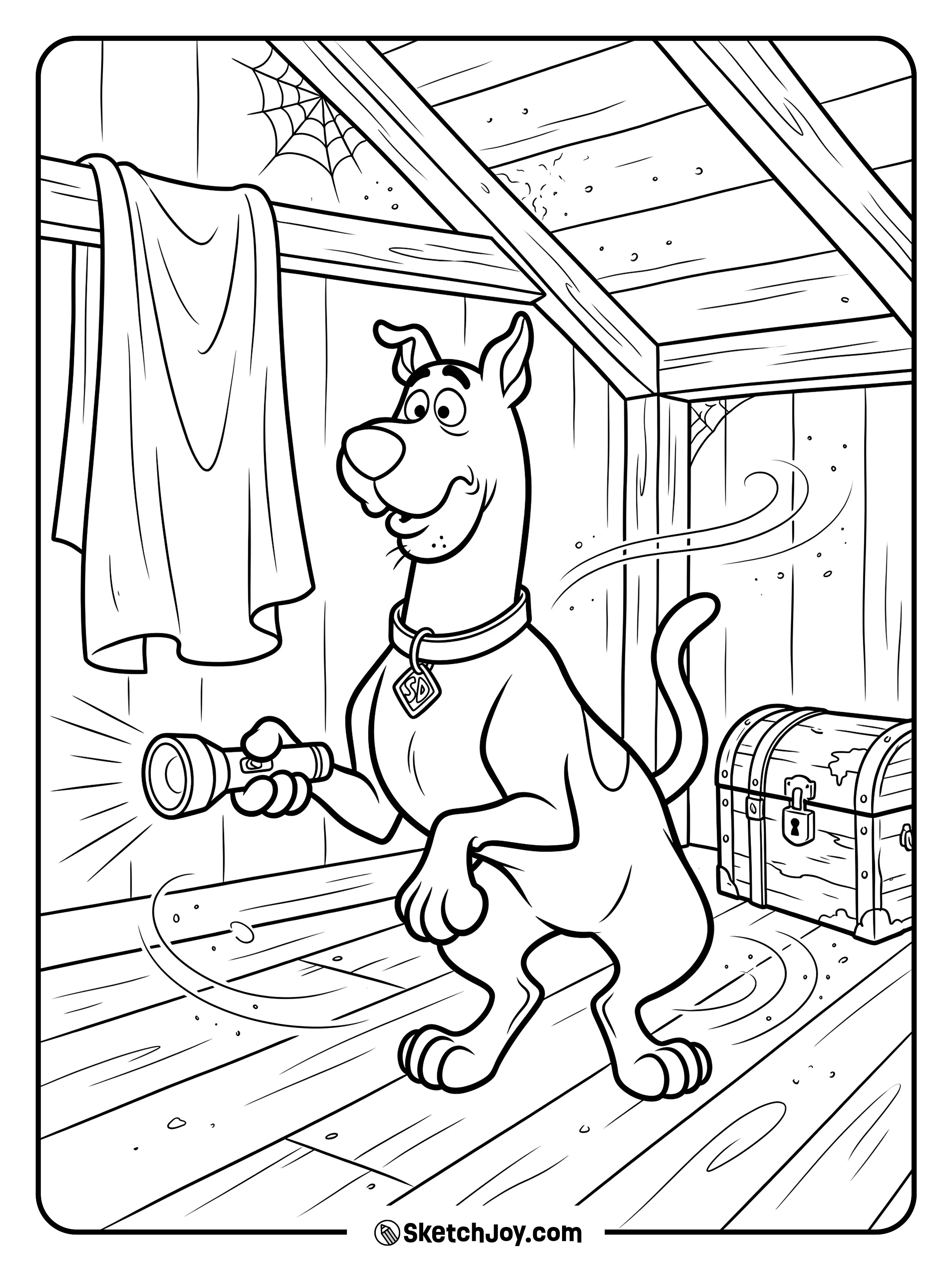 Scooby-Doo shines a flashlight while looking brave and scared.