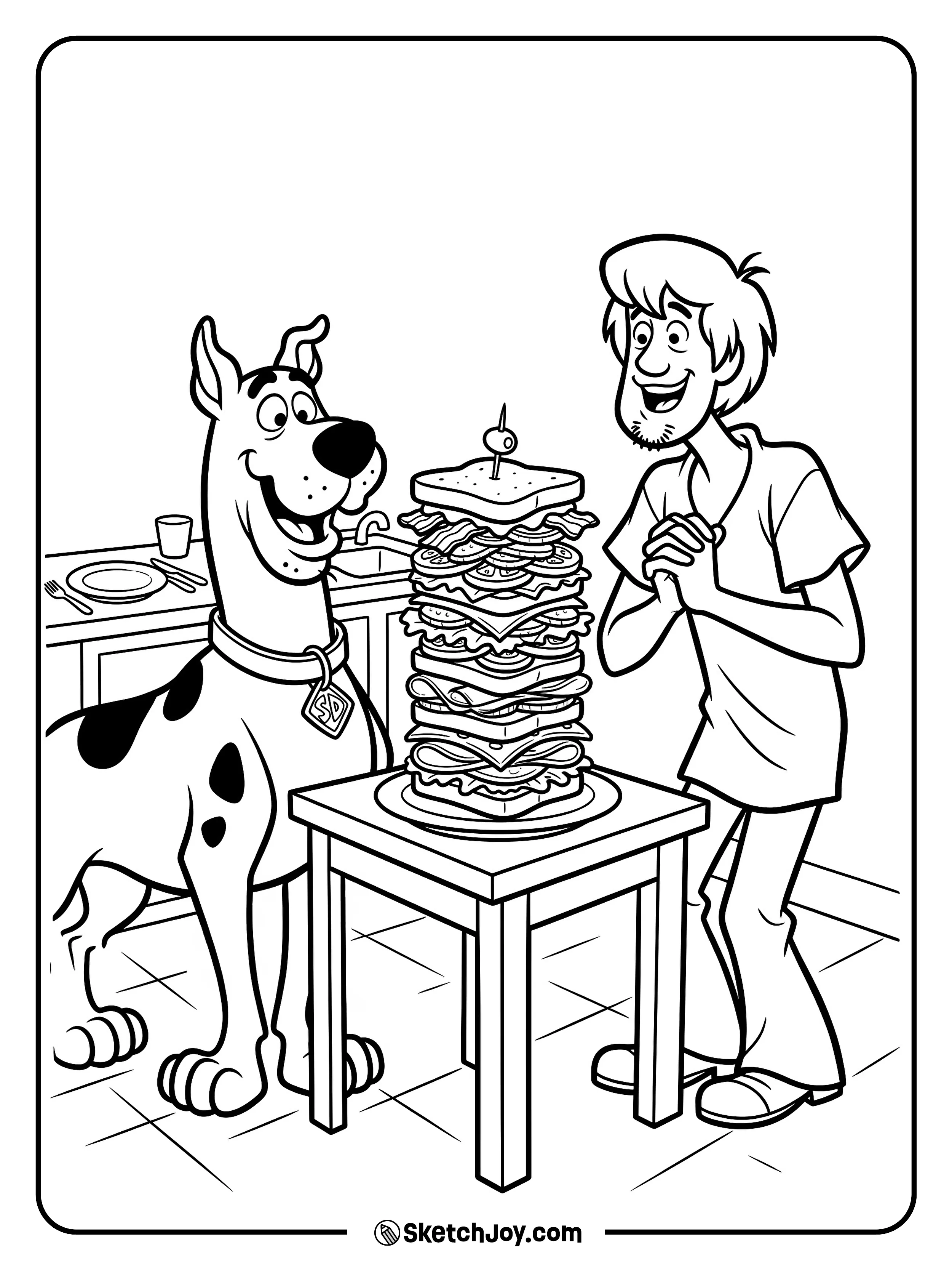 Scooby and Shaggy build a huge sandwich with funny faces.