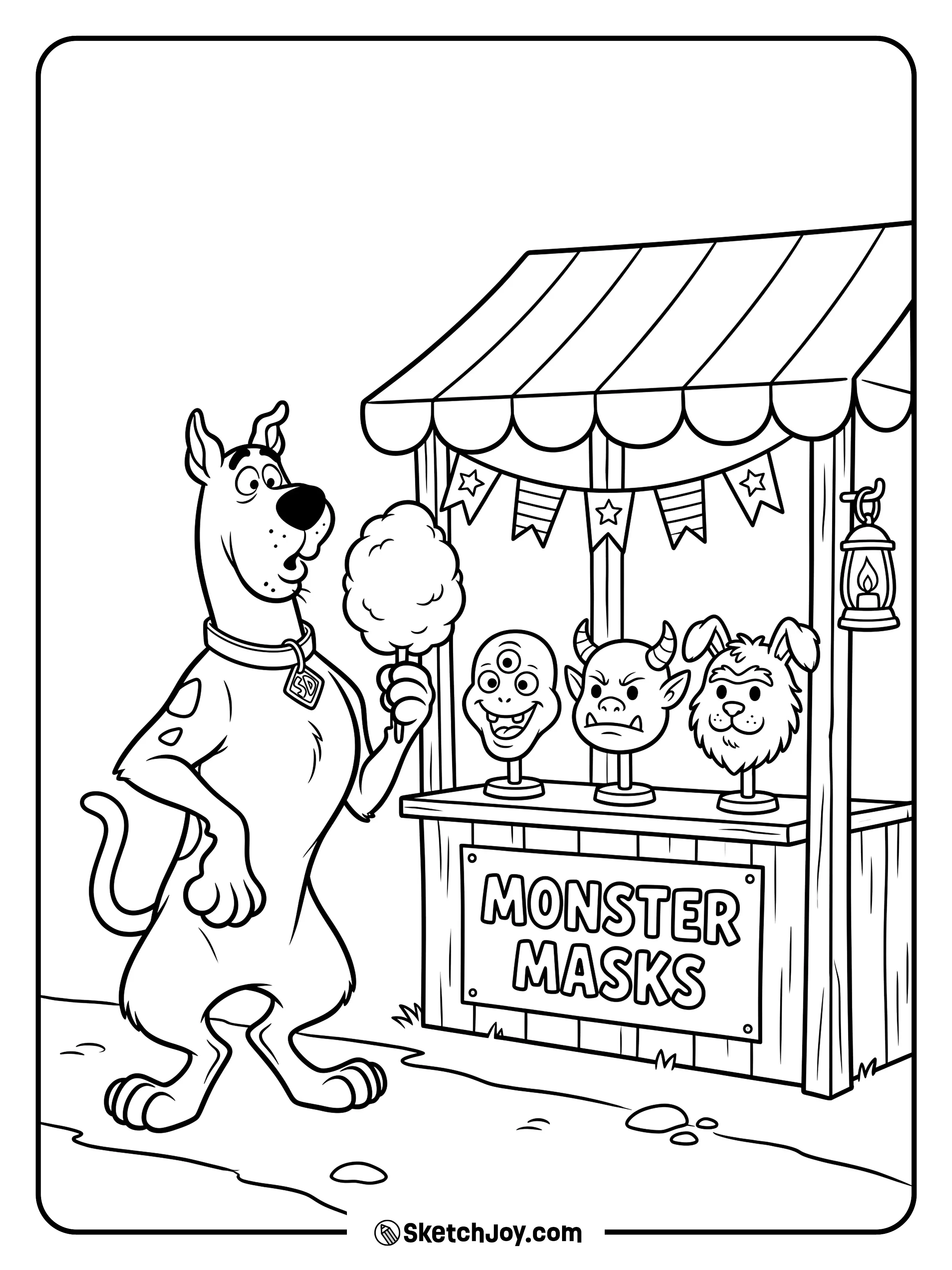 Scooby-Doo looks at a spooky mask booth at the carnival.