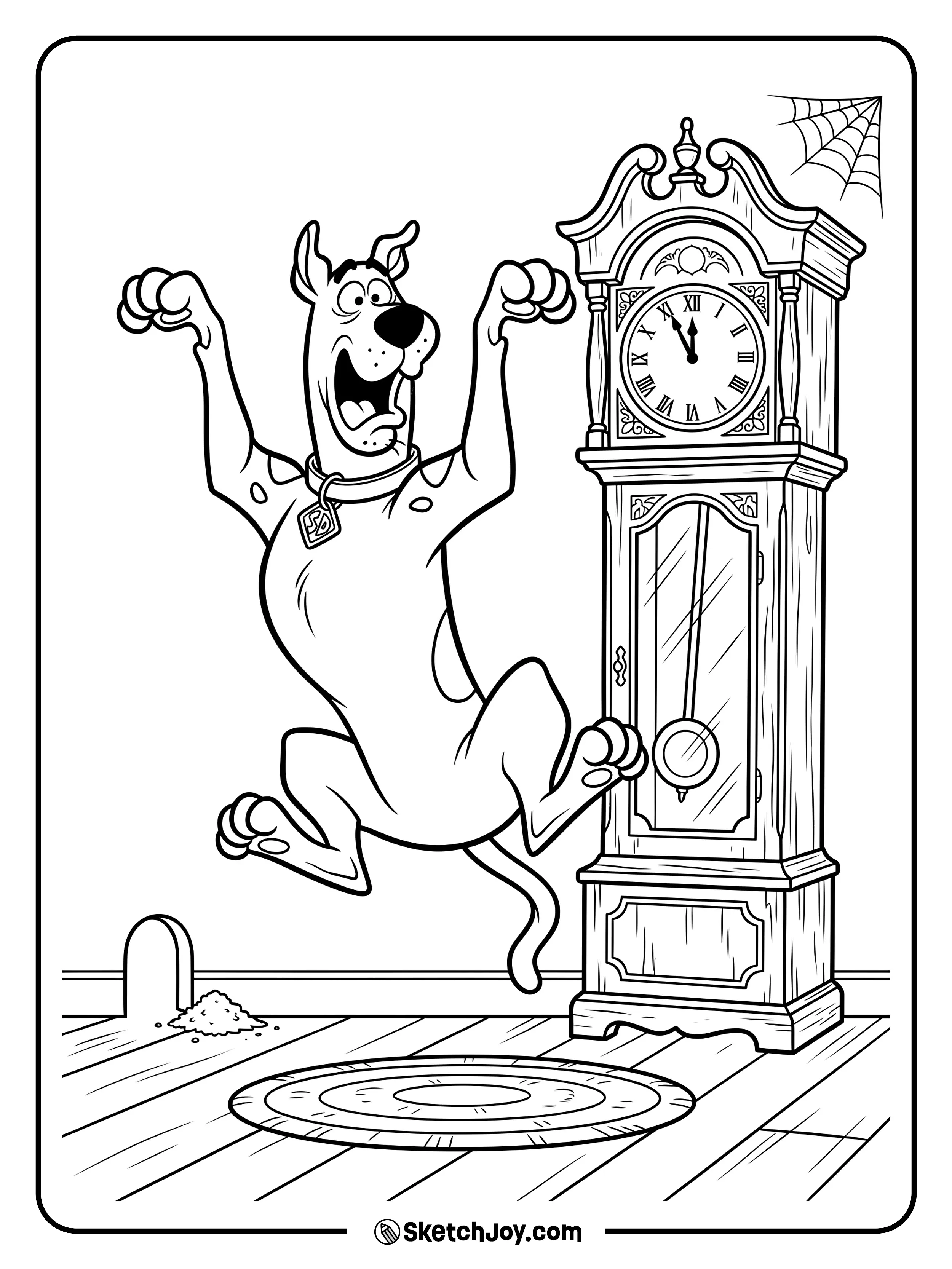 Scooby-Doo jumps when an old clock rings loudly.