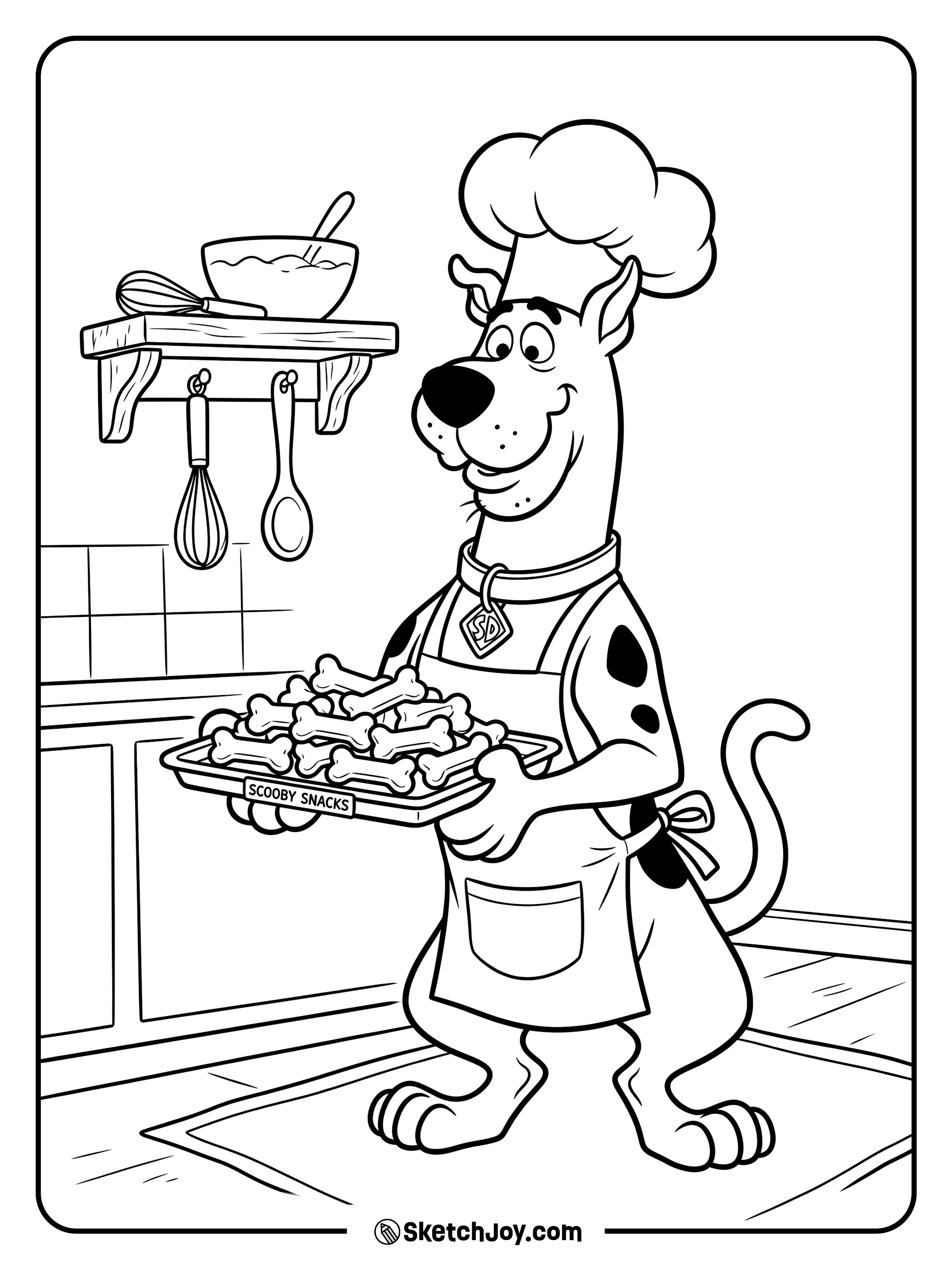Scooby-Doo wears a chef hat and guards a tray of snacks.