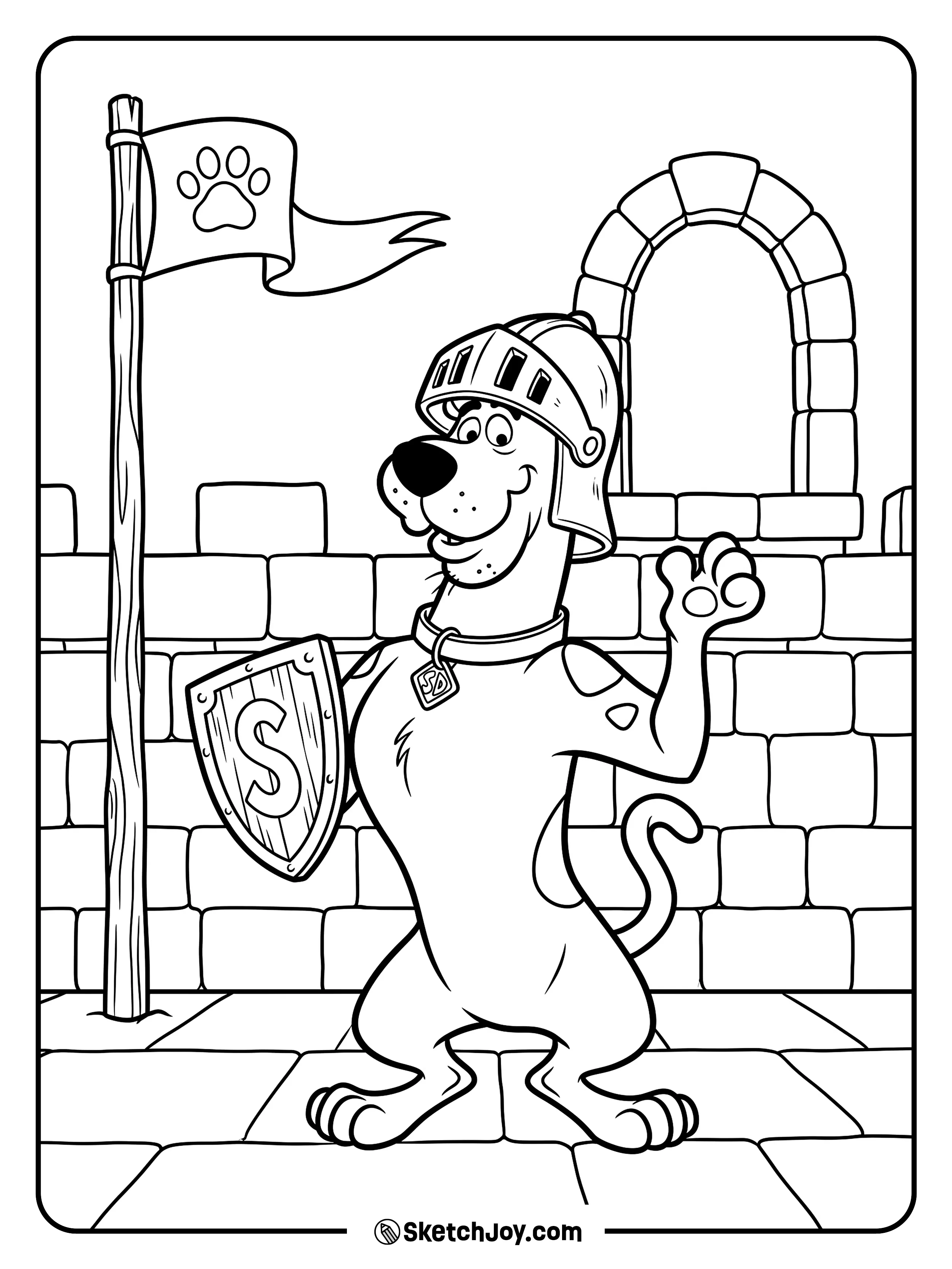 Scooby-Doo wears a knight helmet and stands near a castle wall.