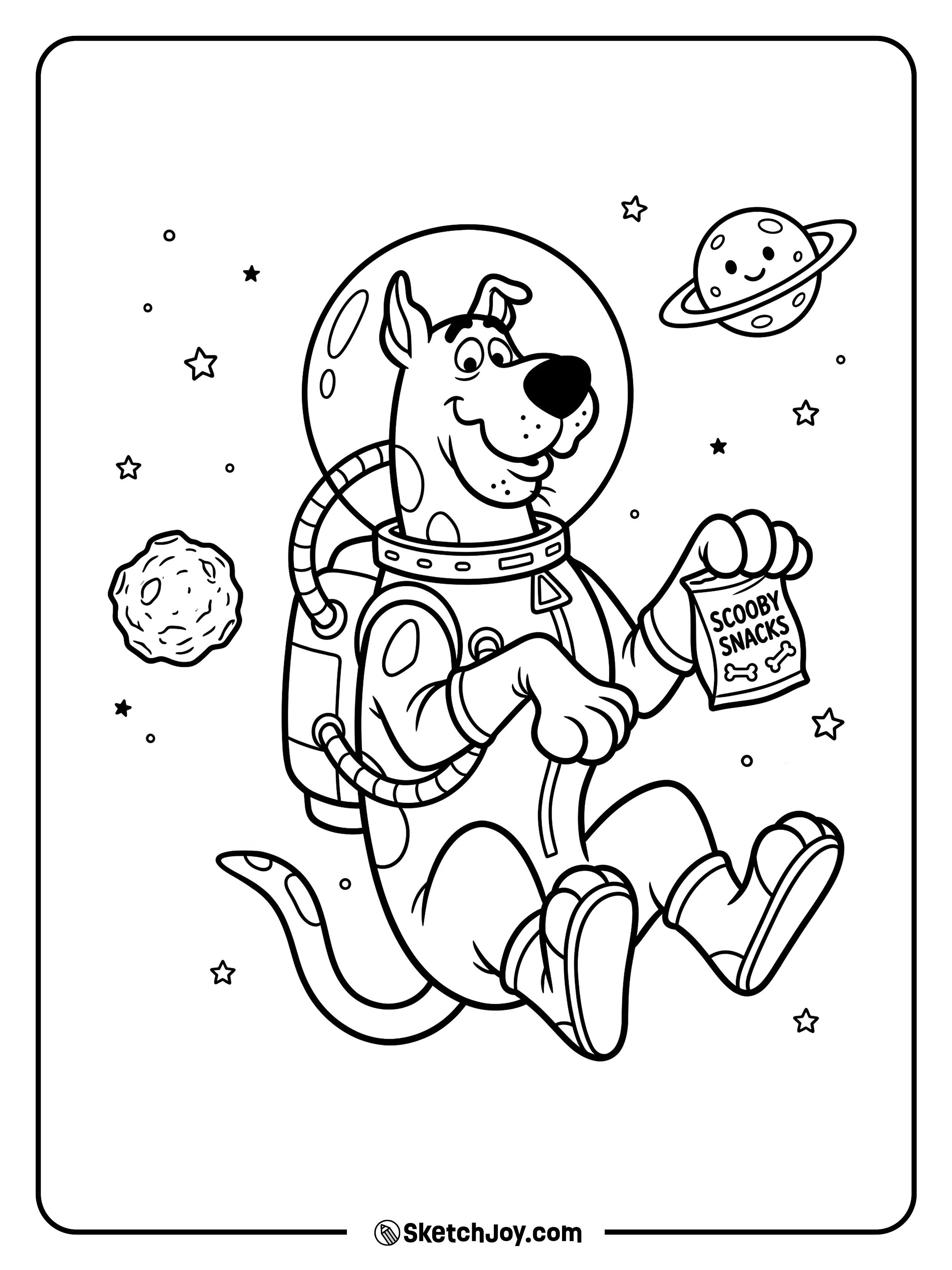 Scooby-Doo floats in a funny spacesuit with a snack bag.