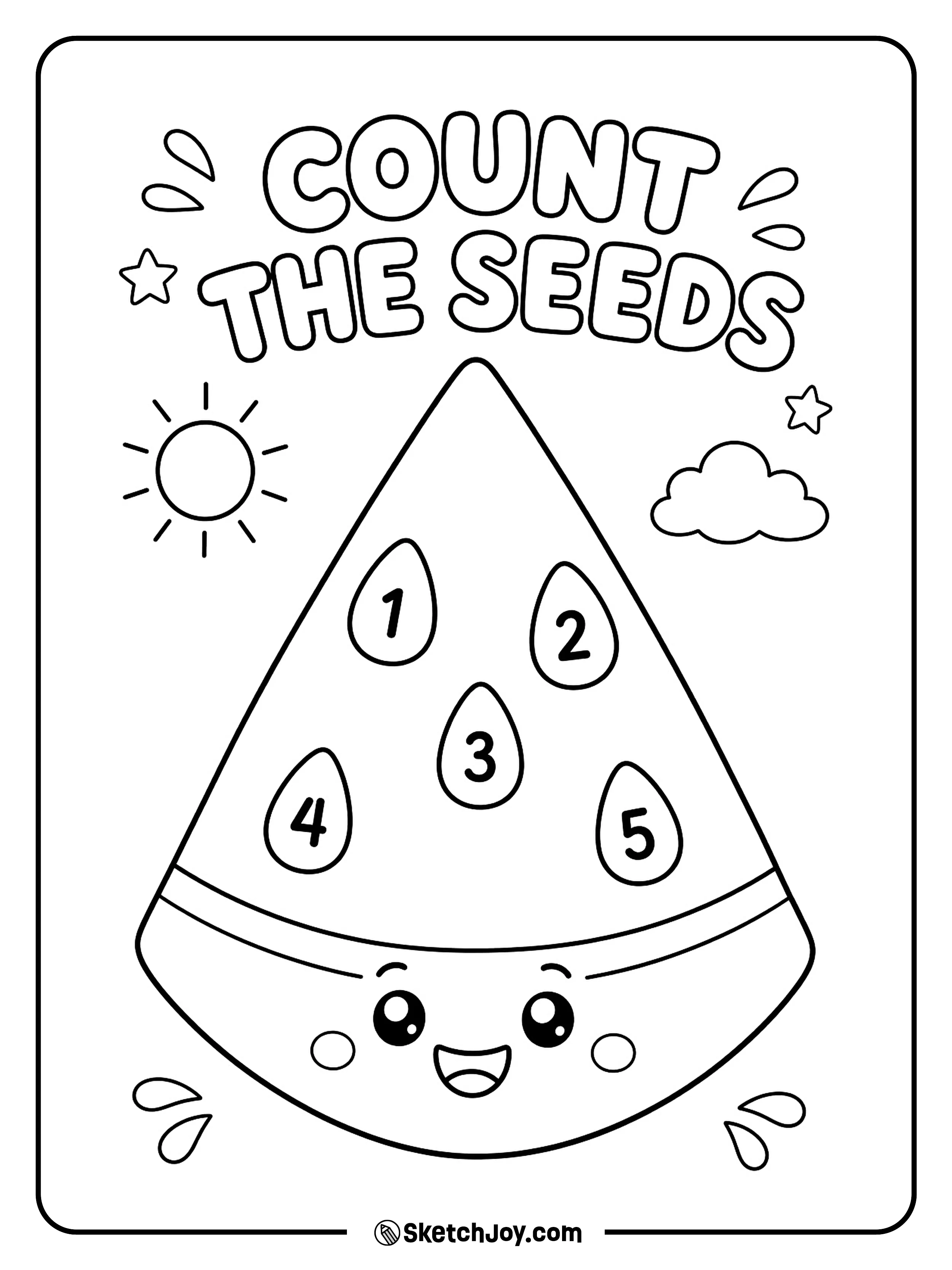 Five large seeds are ready to count inside a smiling watermelon slice.