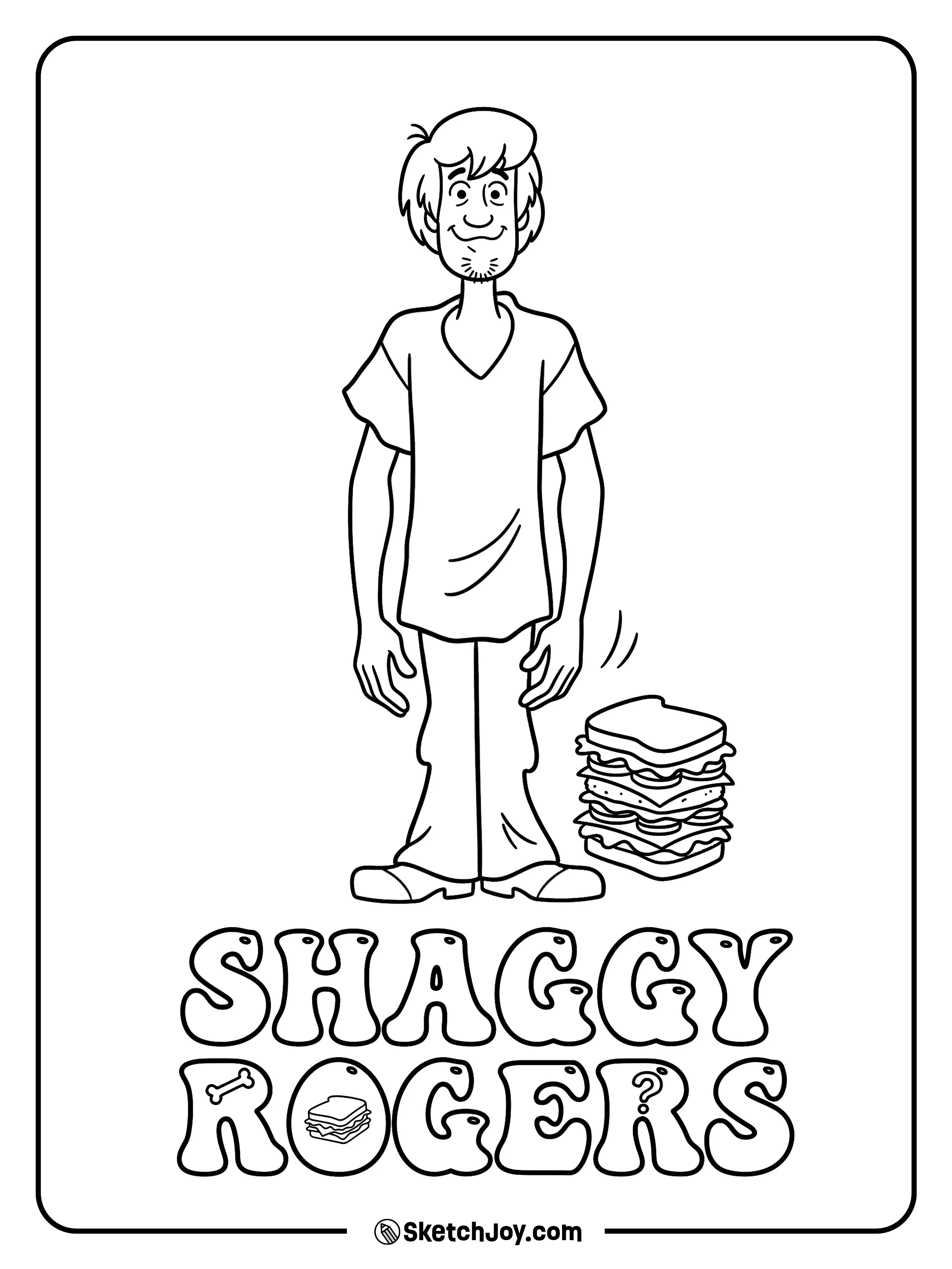 Shaggy stands beside a tall stack of sandwiches with his name below.