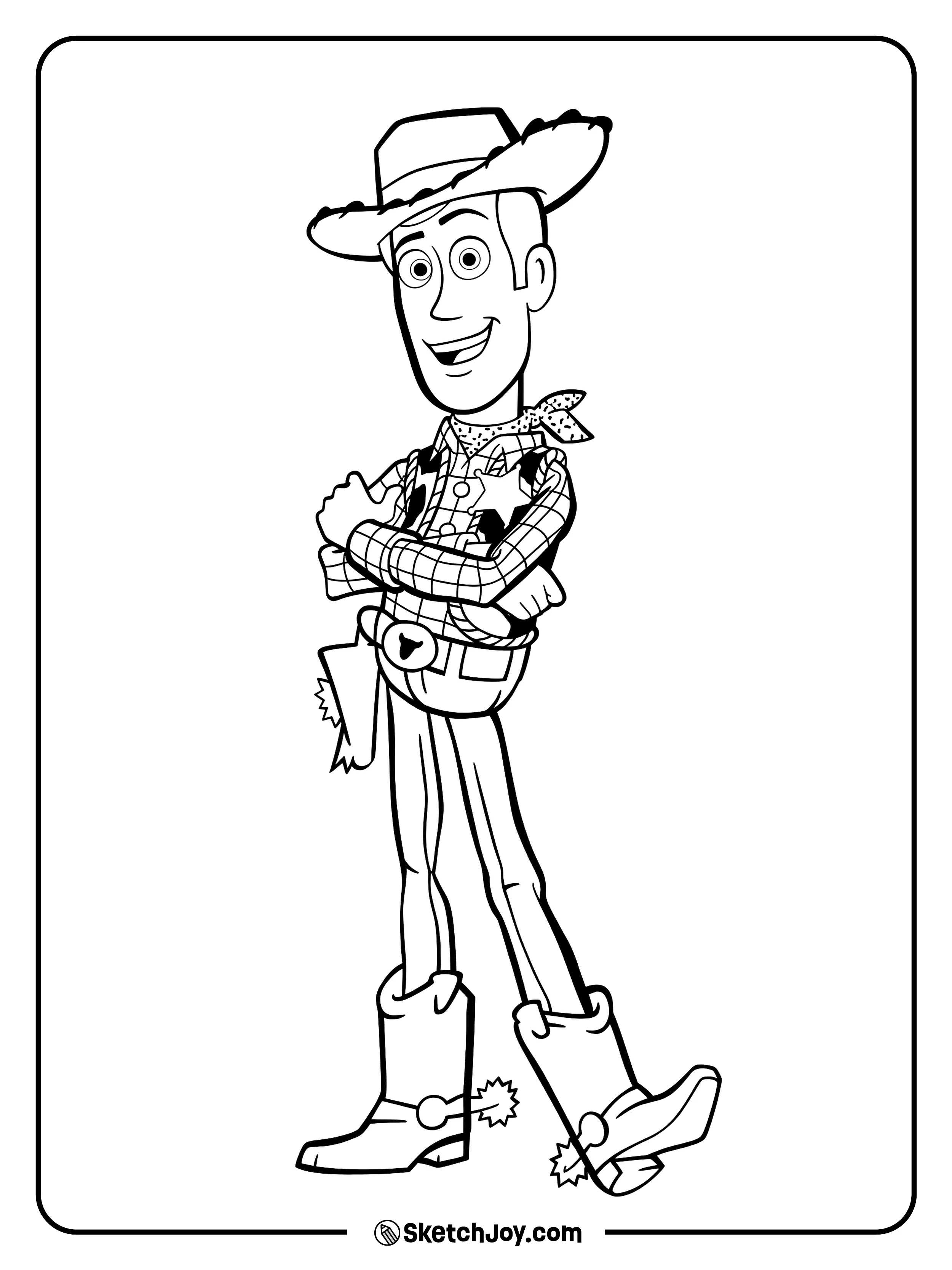 Woody smiles with his arms crossed in a cowboy pose.