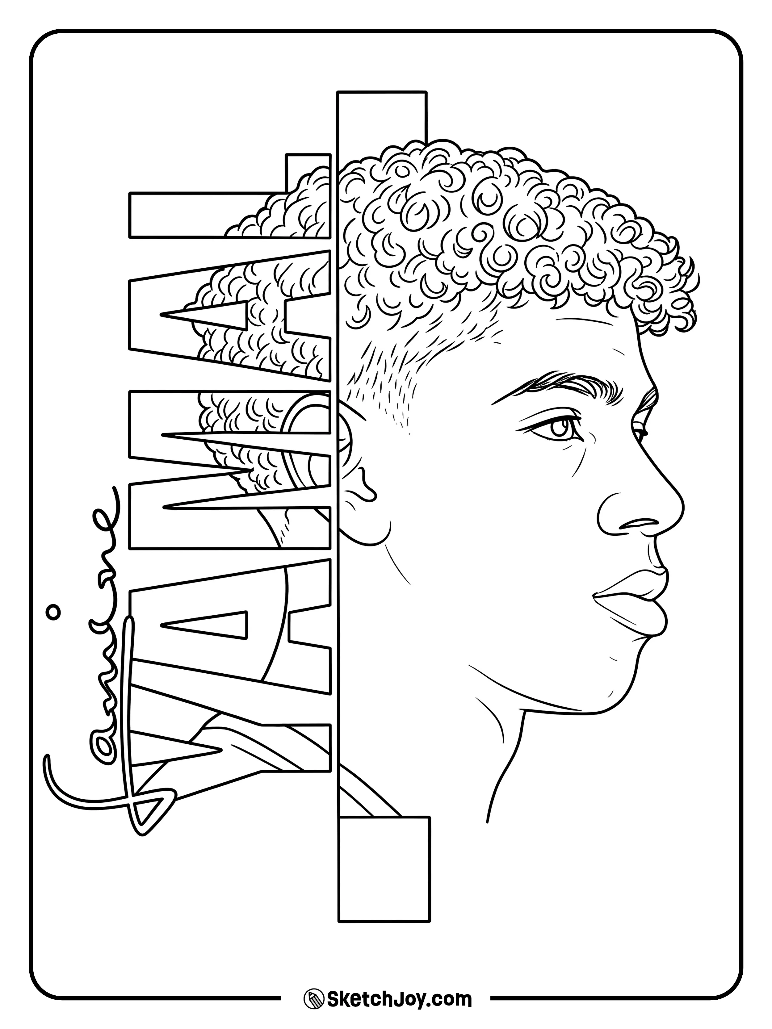 A clean side portrait with large vertical name letters behind the face.