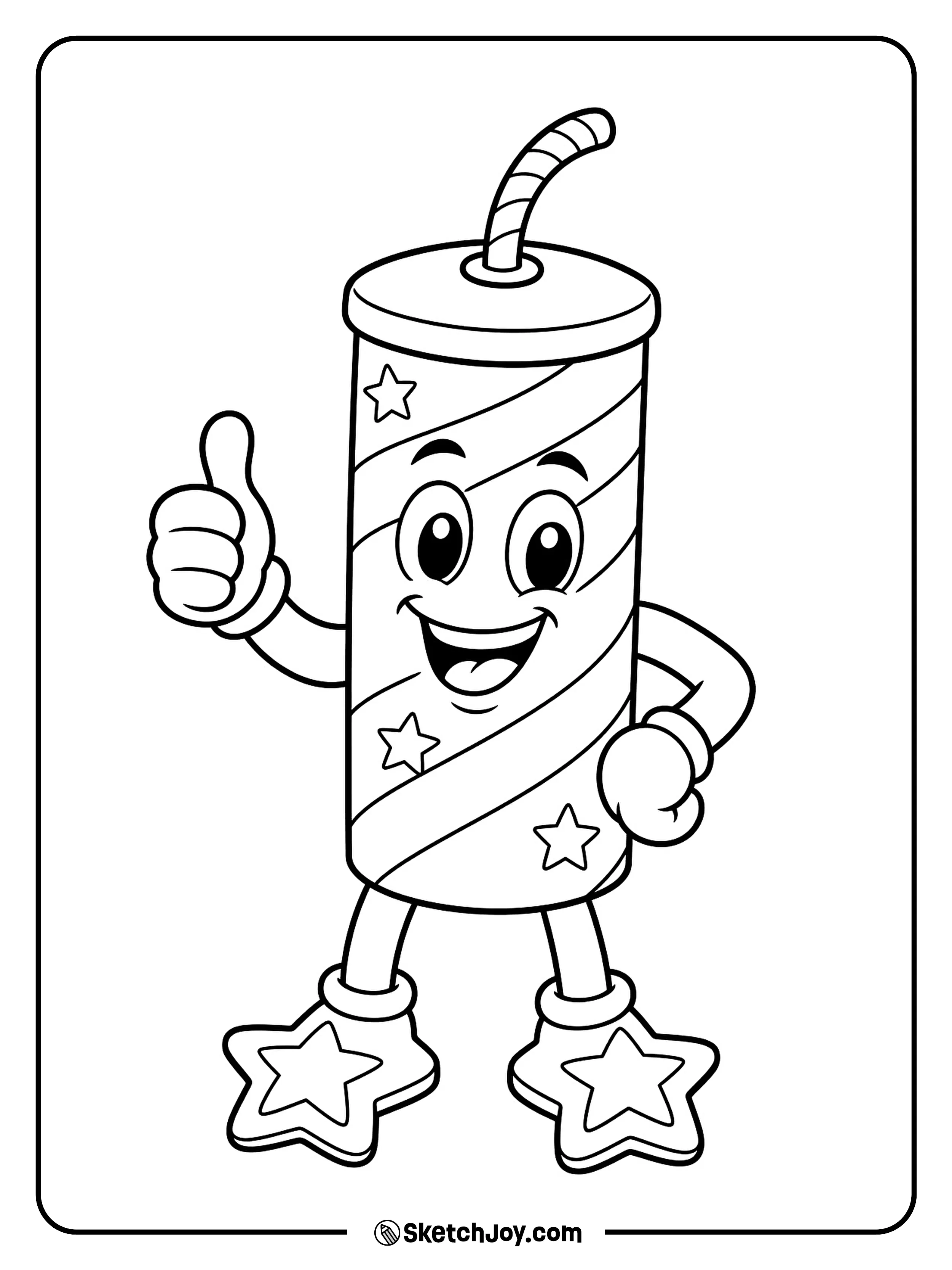 A happy firecracker character poses with star shoes and gloves.
