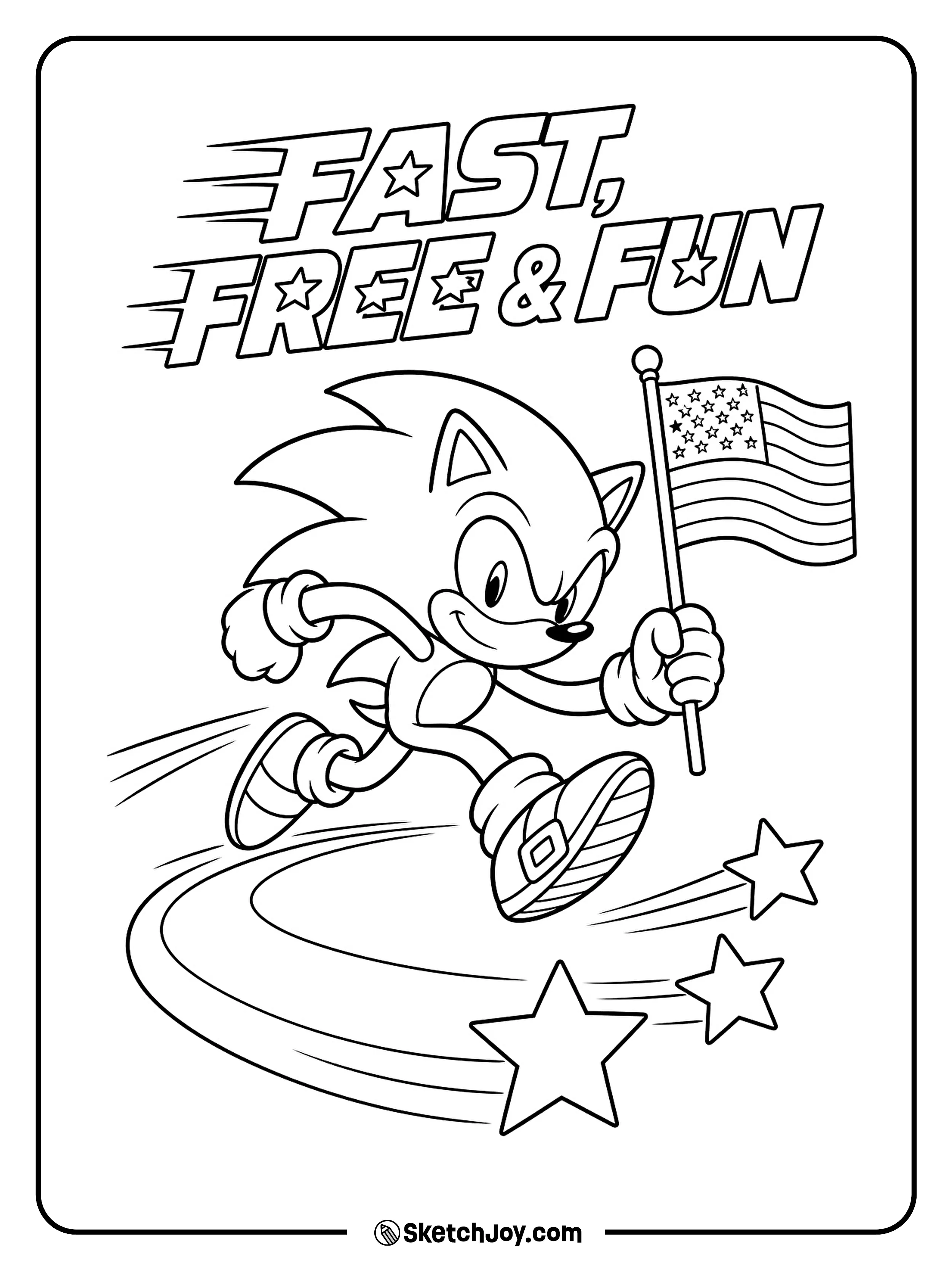 Sonic runs past stars while carrying a waving flag.