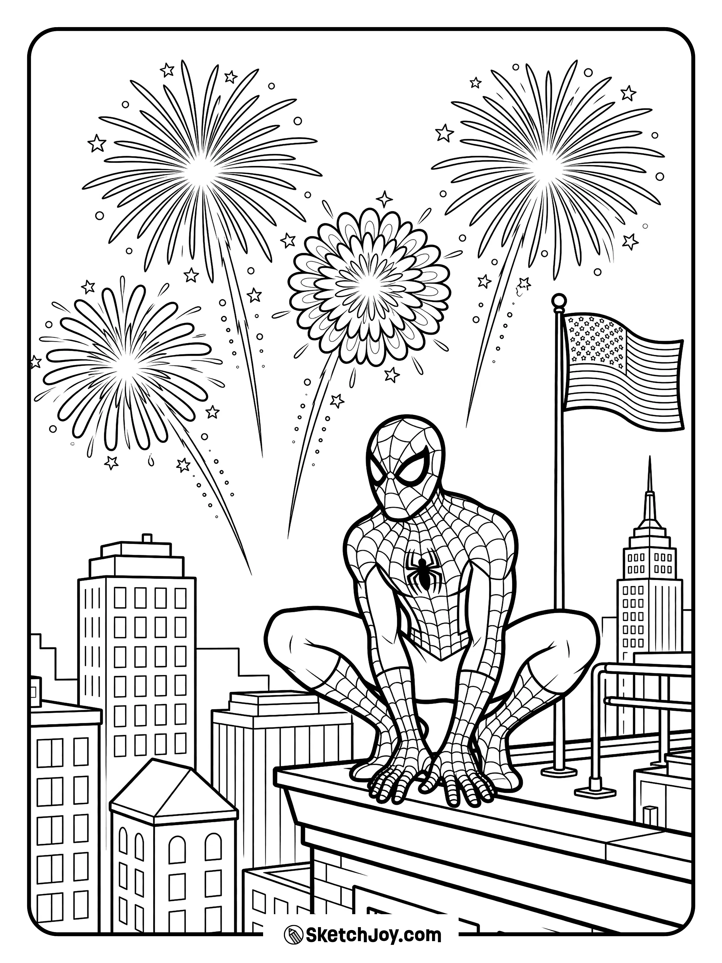 Spider-Man watches fireworks from a safe rooftop spot.