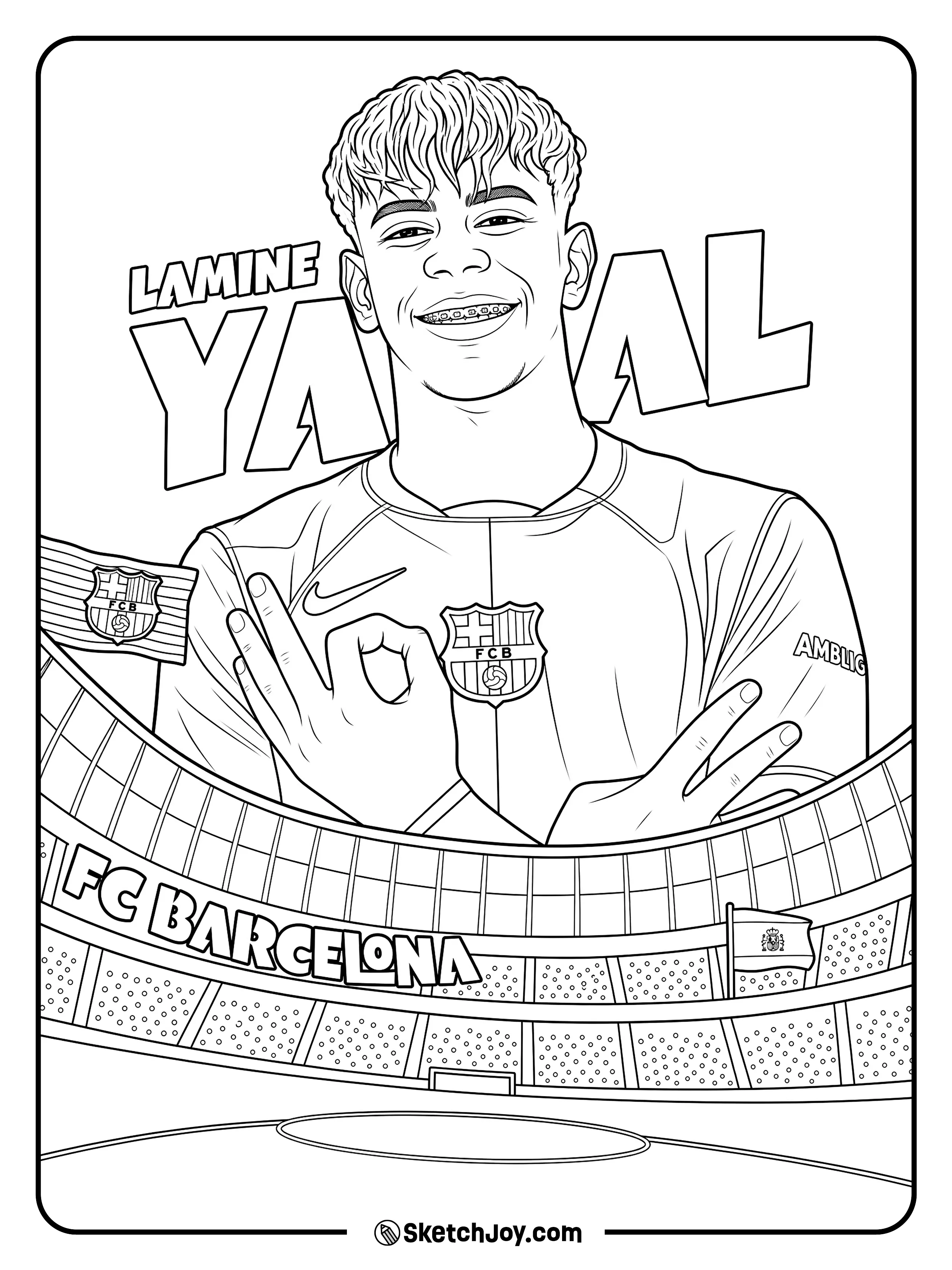 A smiling stadium scene with a club scarf, hand signs, and bold name text.