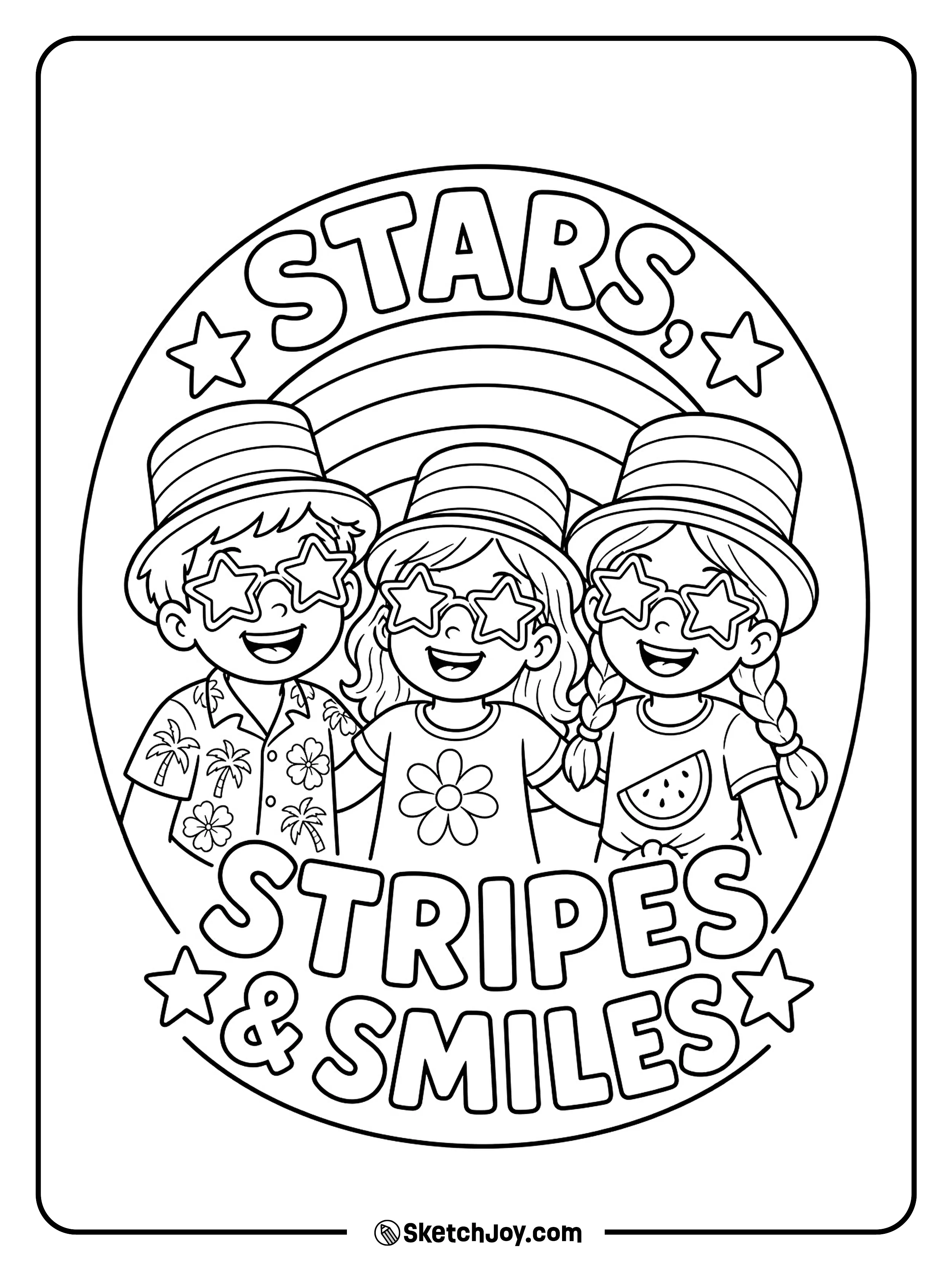 Three cheerful children pose inside a festive holiday badge.