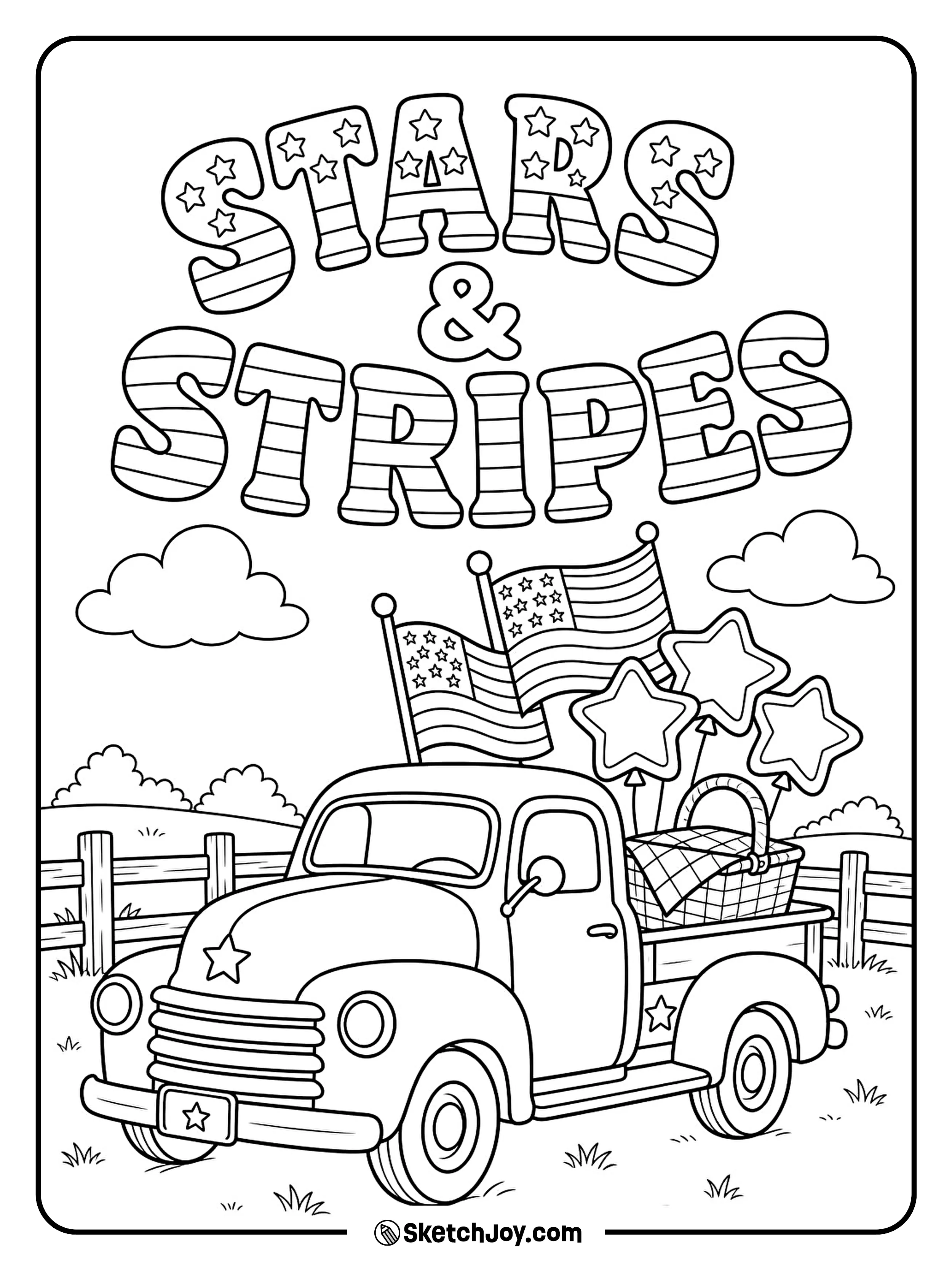A vintage pickup carries flags and star balloons through the countryside.