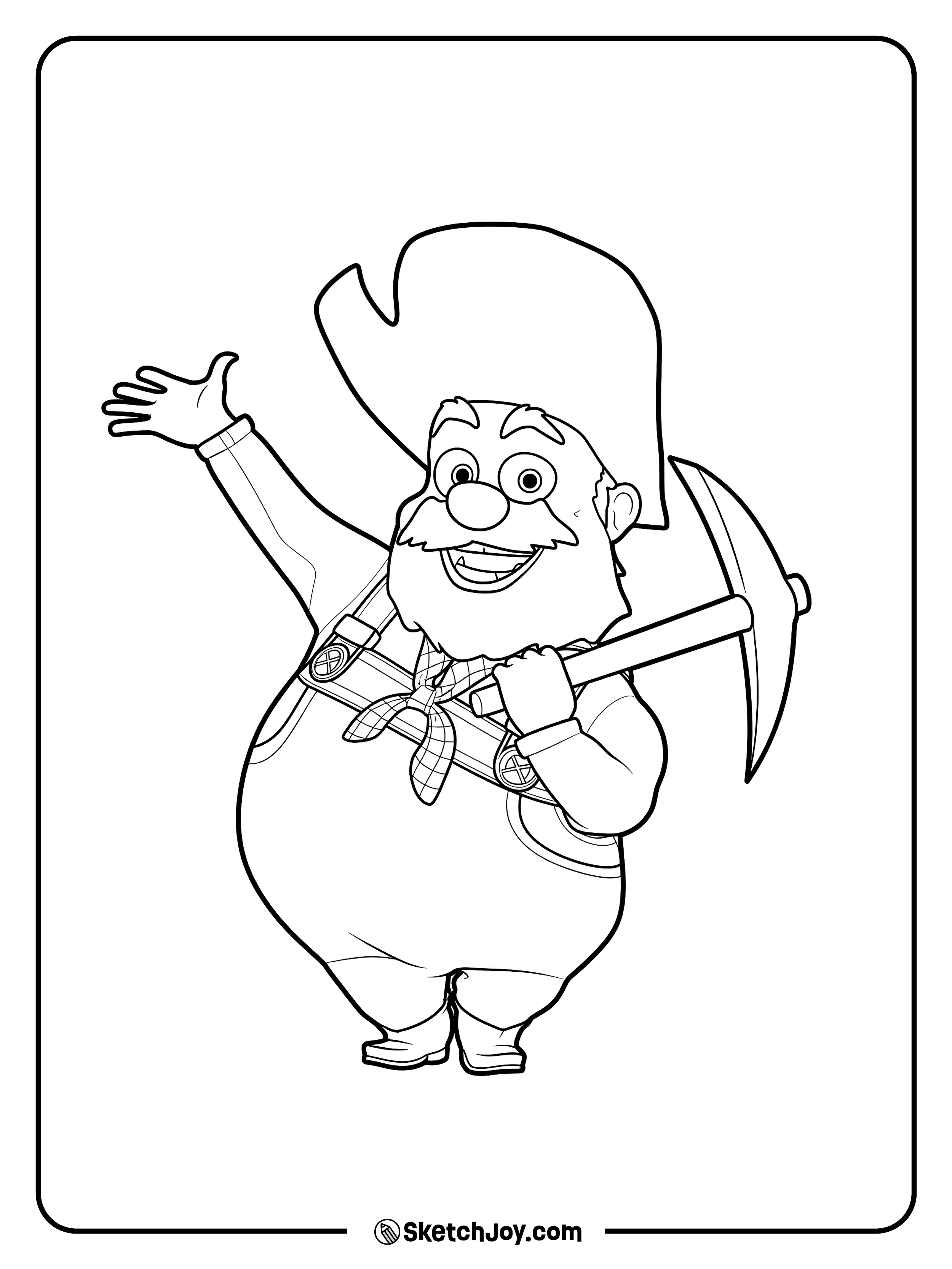 Stinky Pete waves while holding his large pickaxe.