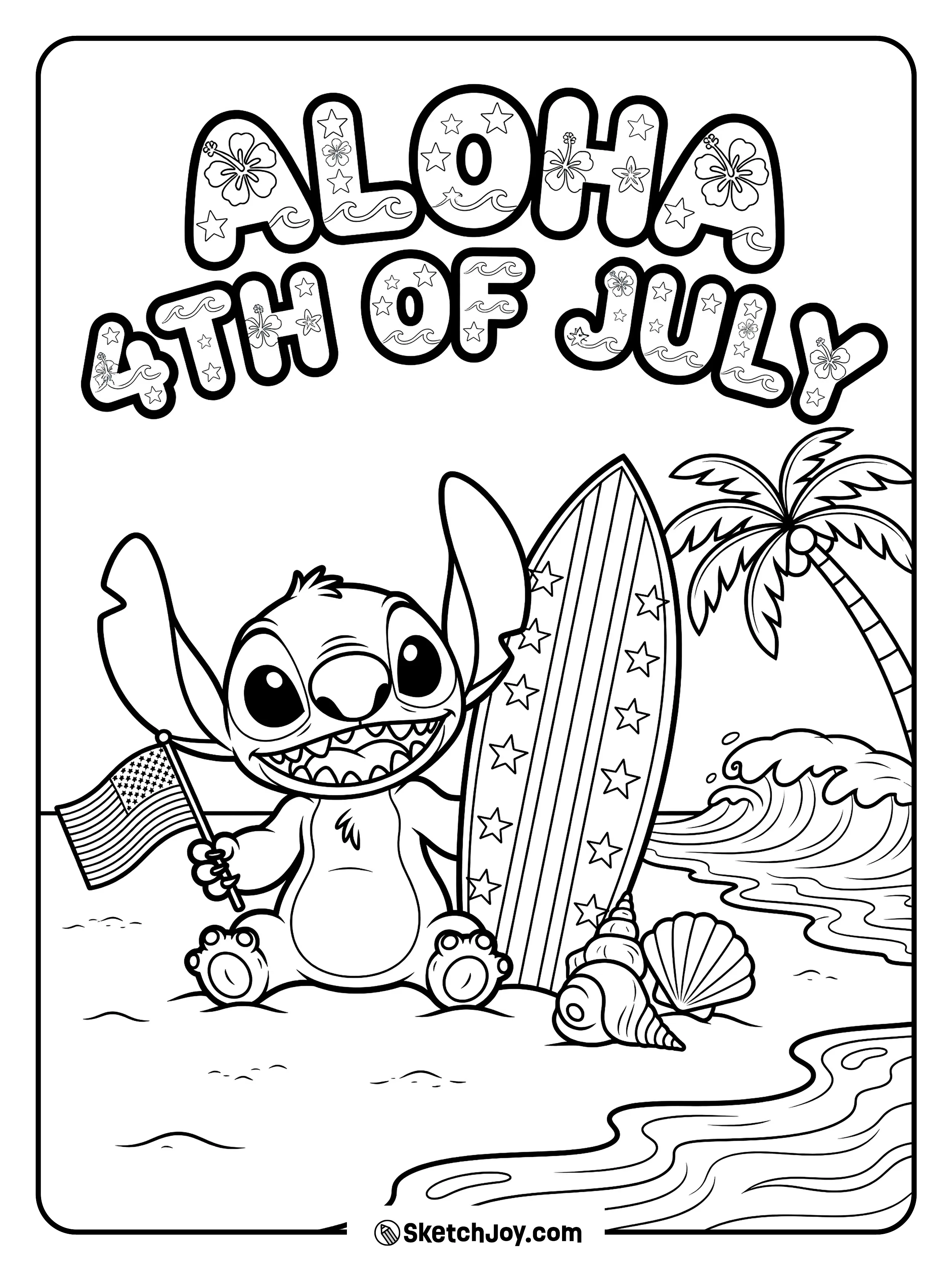 Stitch enjoys a sunny beach day with a flag and surfboard.