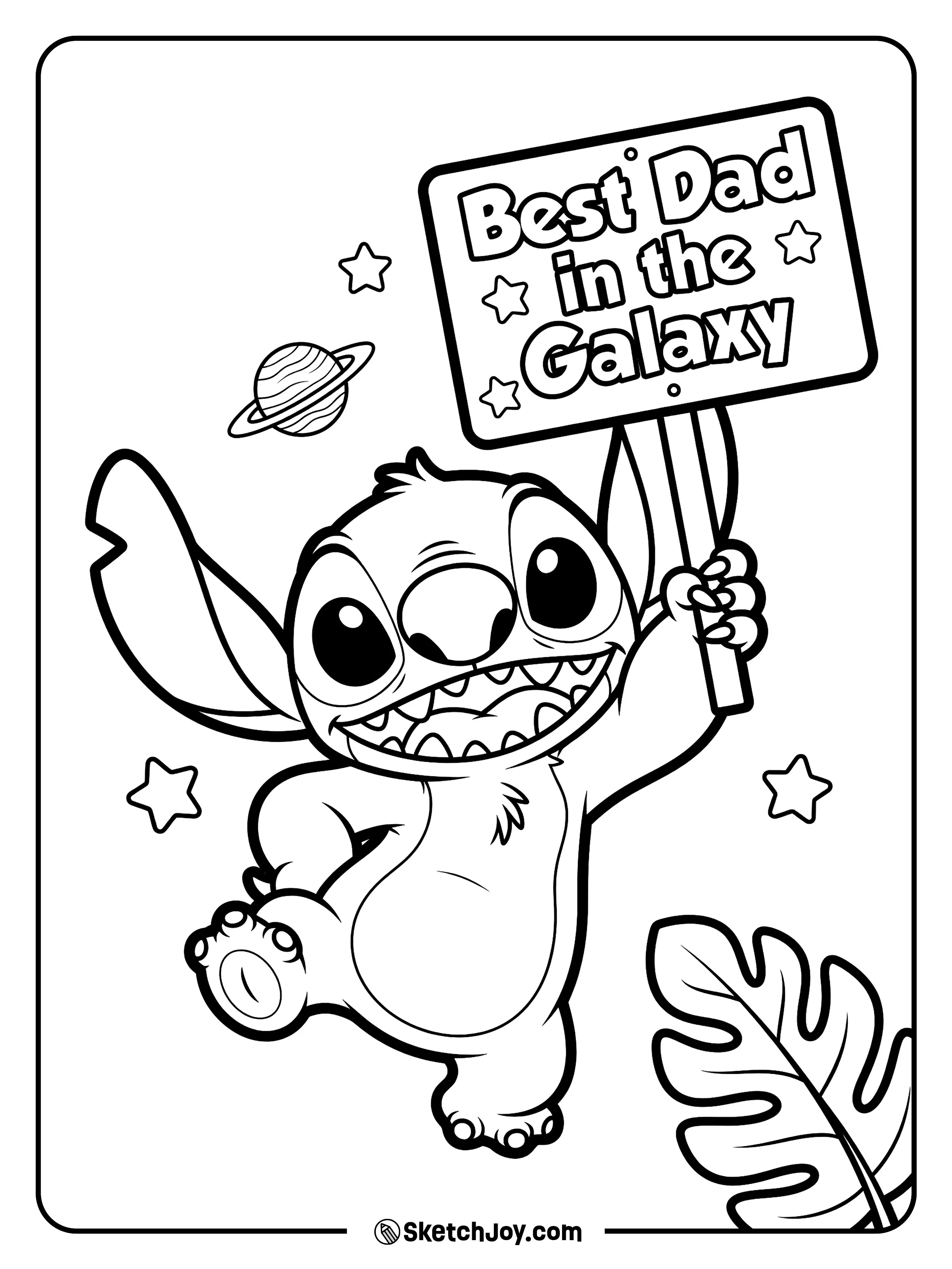 Stitch holds a fun sign for Fatherâs Day with his playful style.