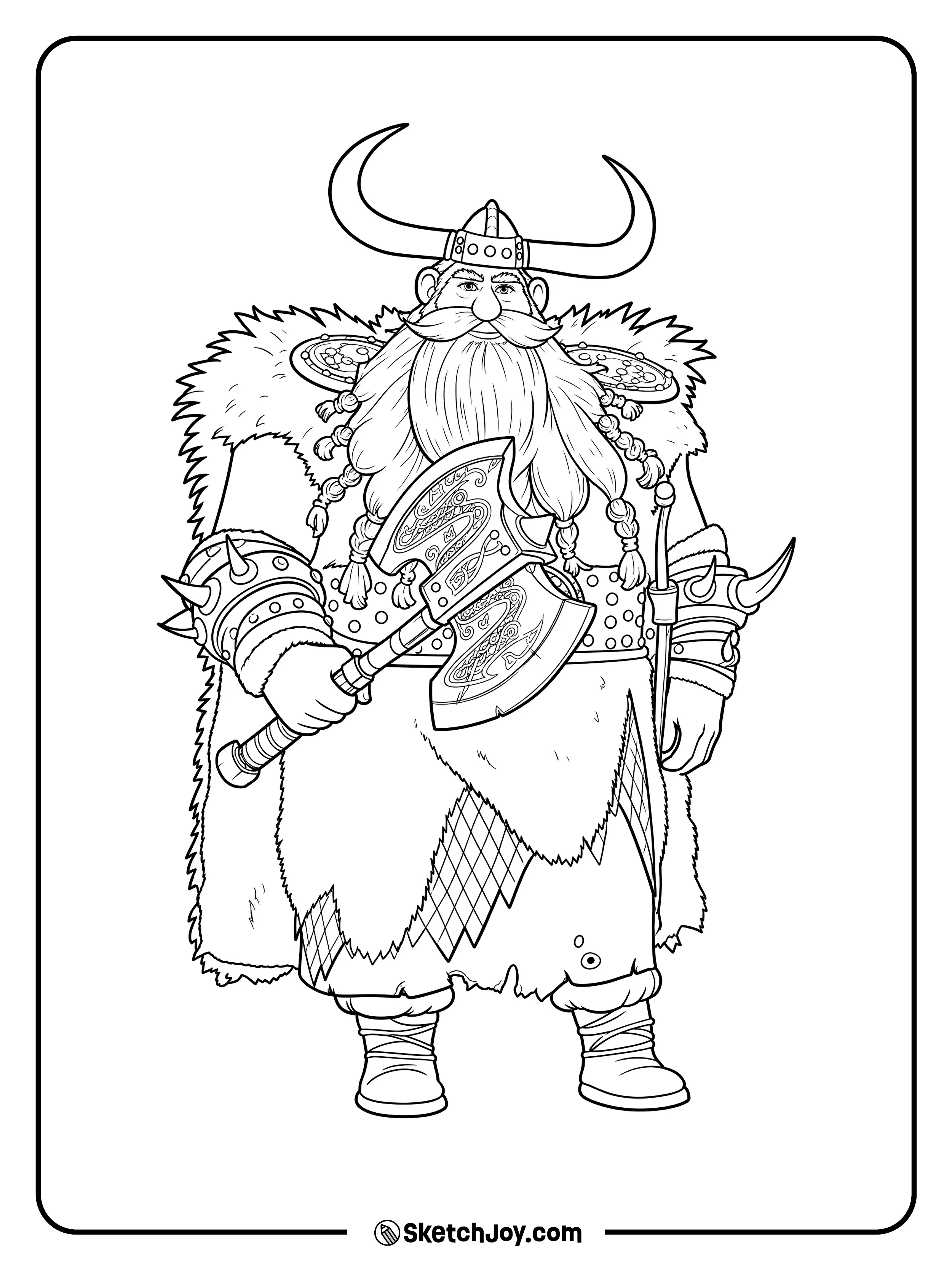 Stoick stands proudly with his big Viking axe, horned helmet, and thick beard.