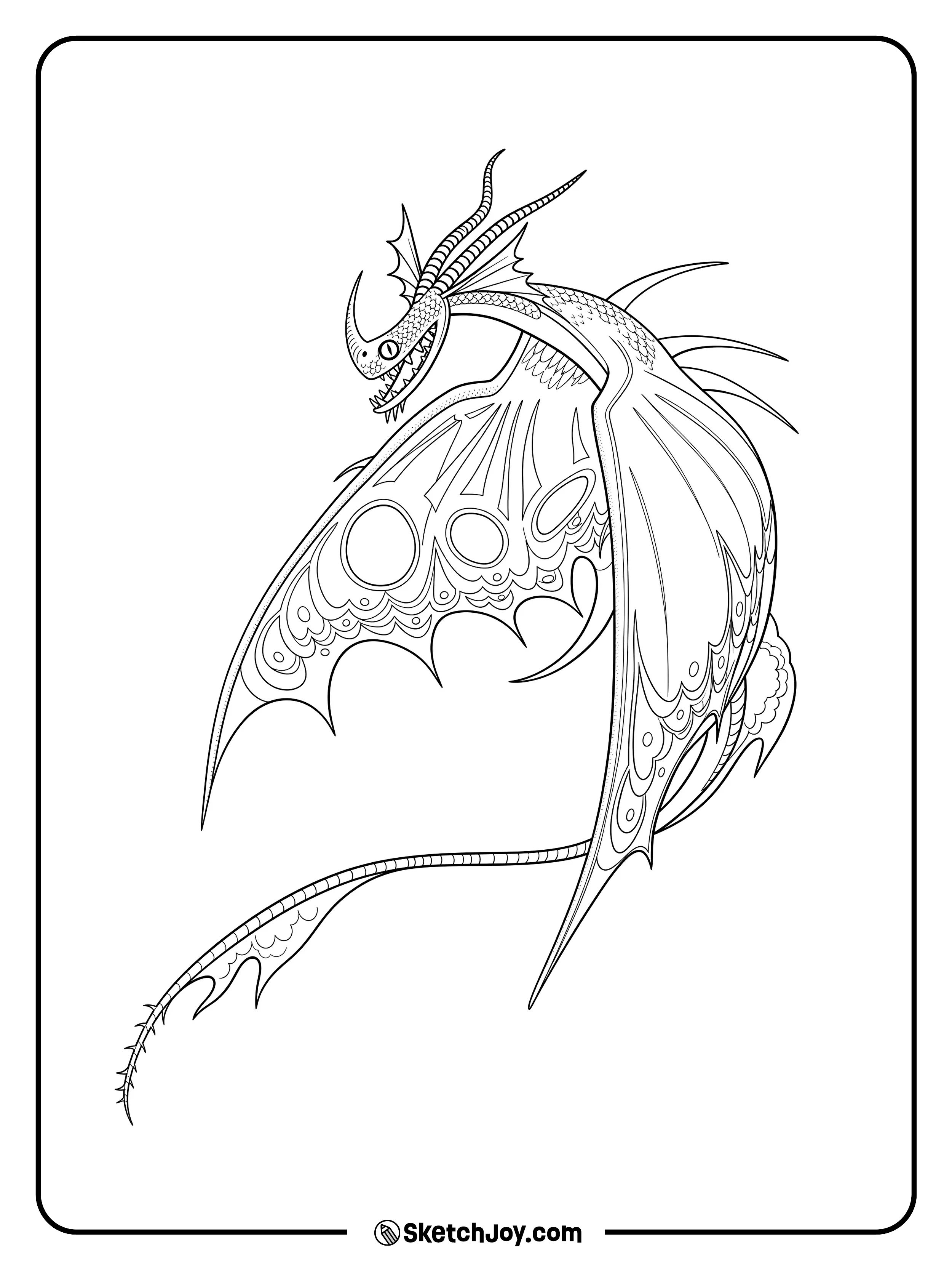 Stormfly spreads her wide wings and shows her sharp horns in a bold flying pose.