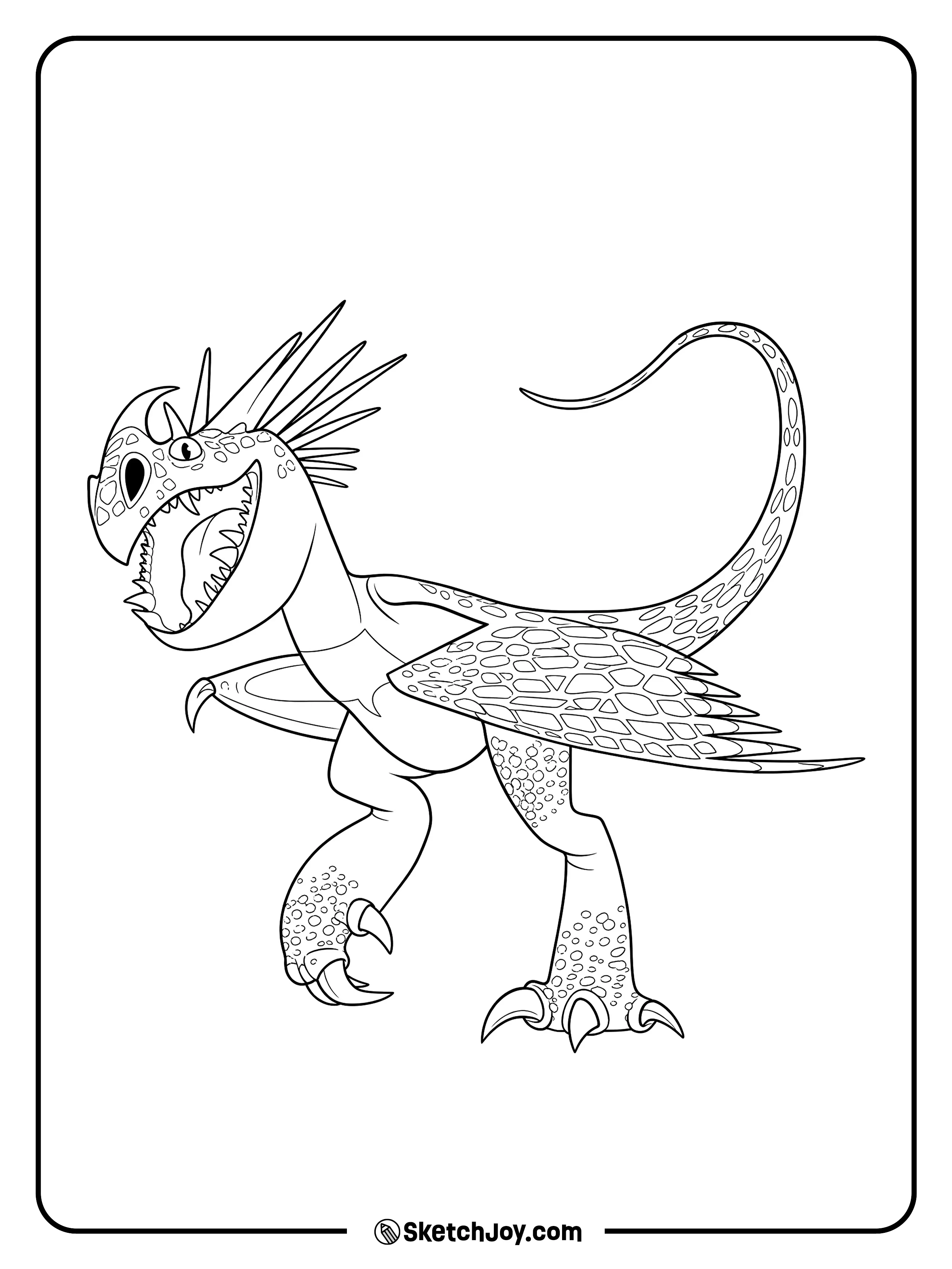 Stormfly stands with her long tail, sharp claws, and a fierce smile.