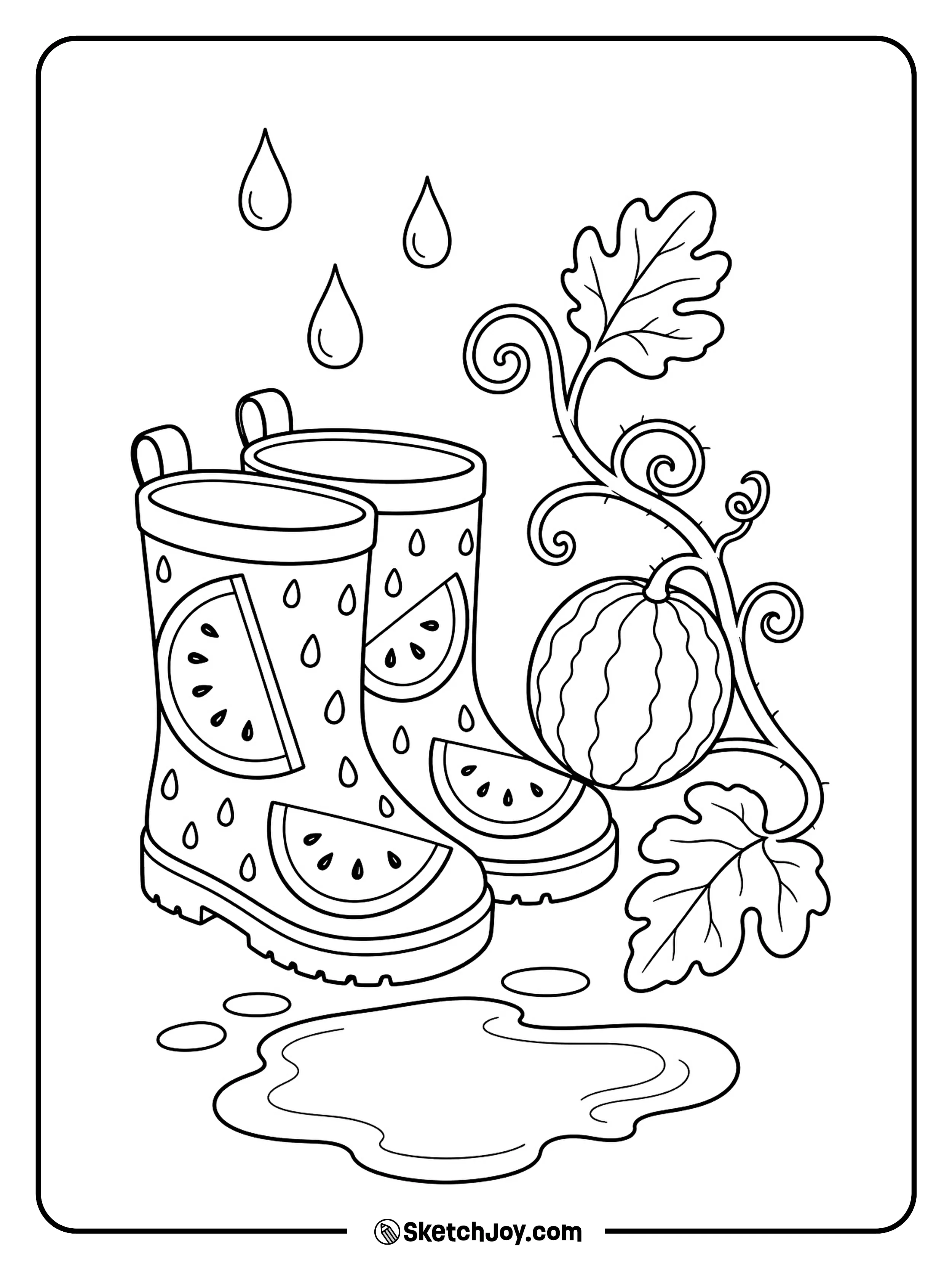 Watermelon-patterned rain boots stand beside a garden vine after warm rain.