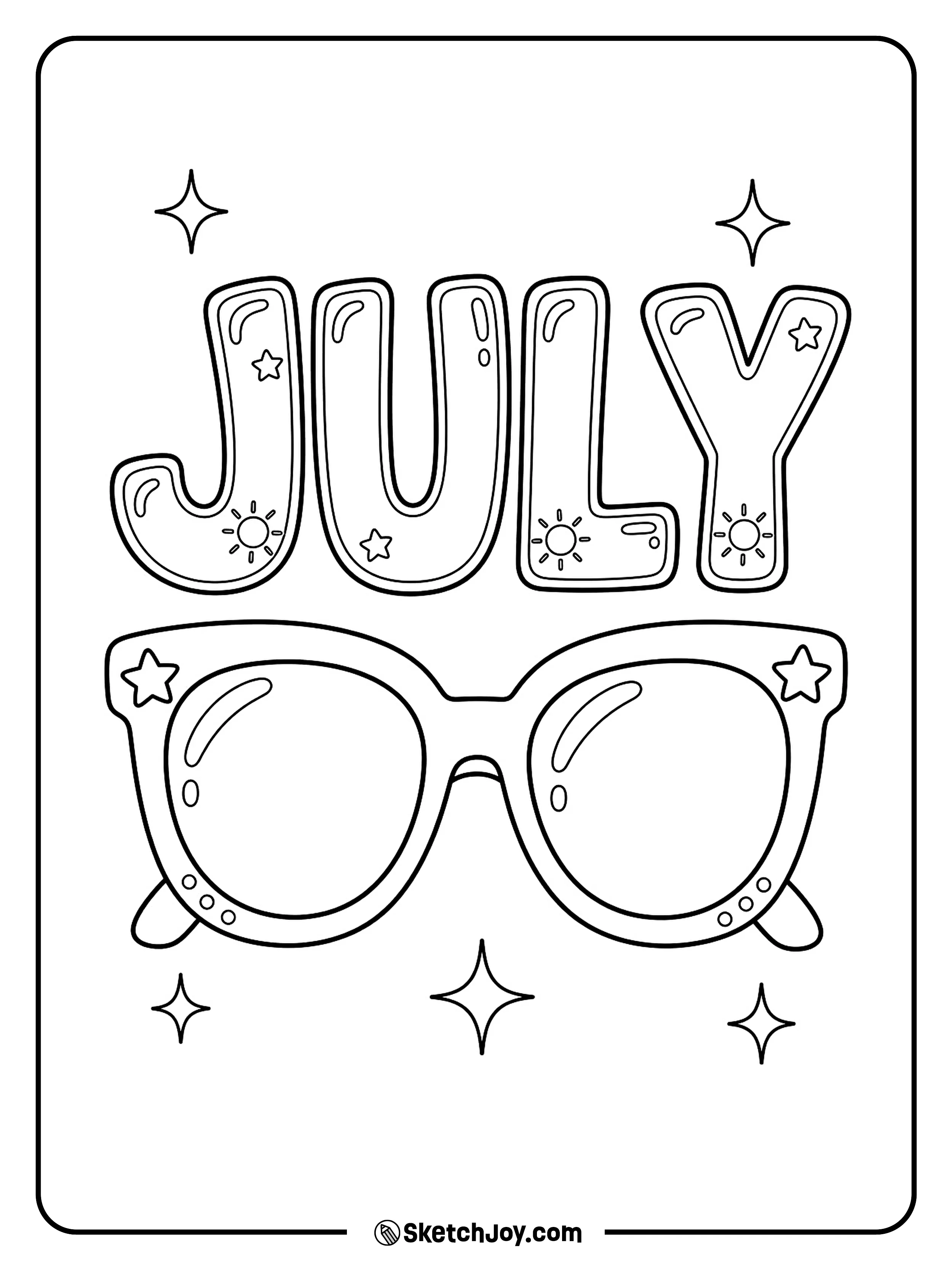 Cool sunglasses sit below bold JULY letters with summer shine marks.