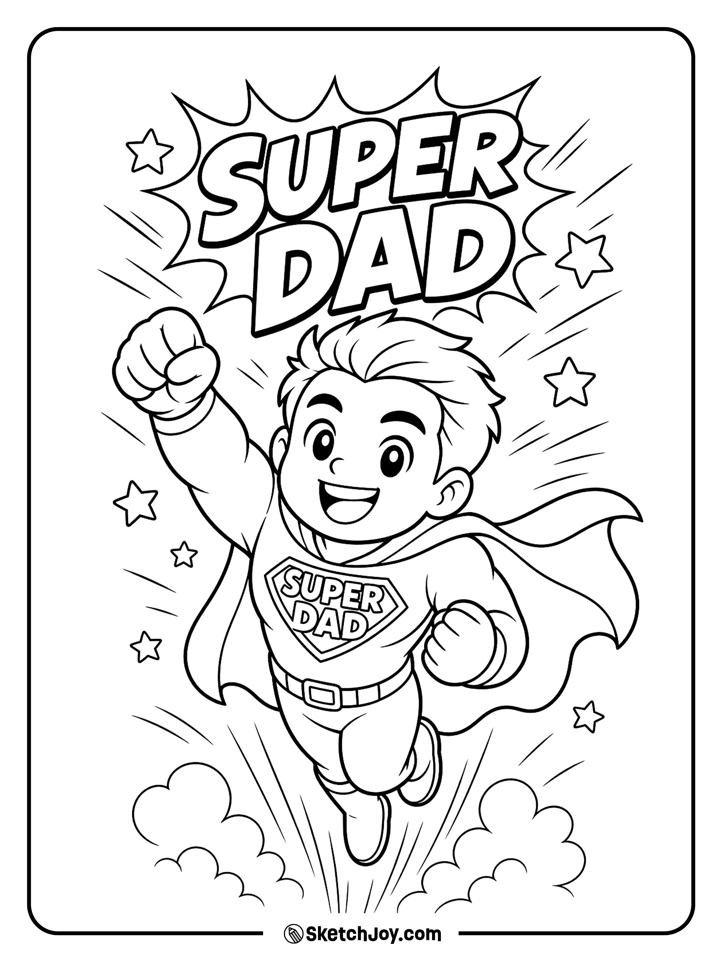 Super Dad flies with a big smile and a bold hero pose.