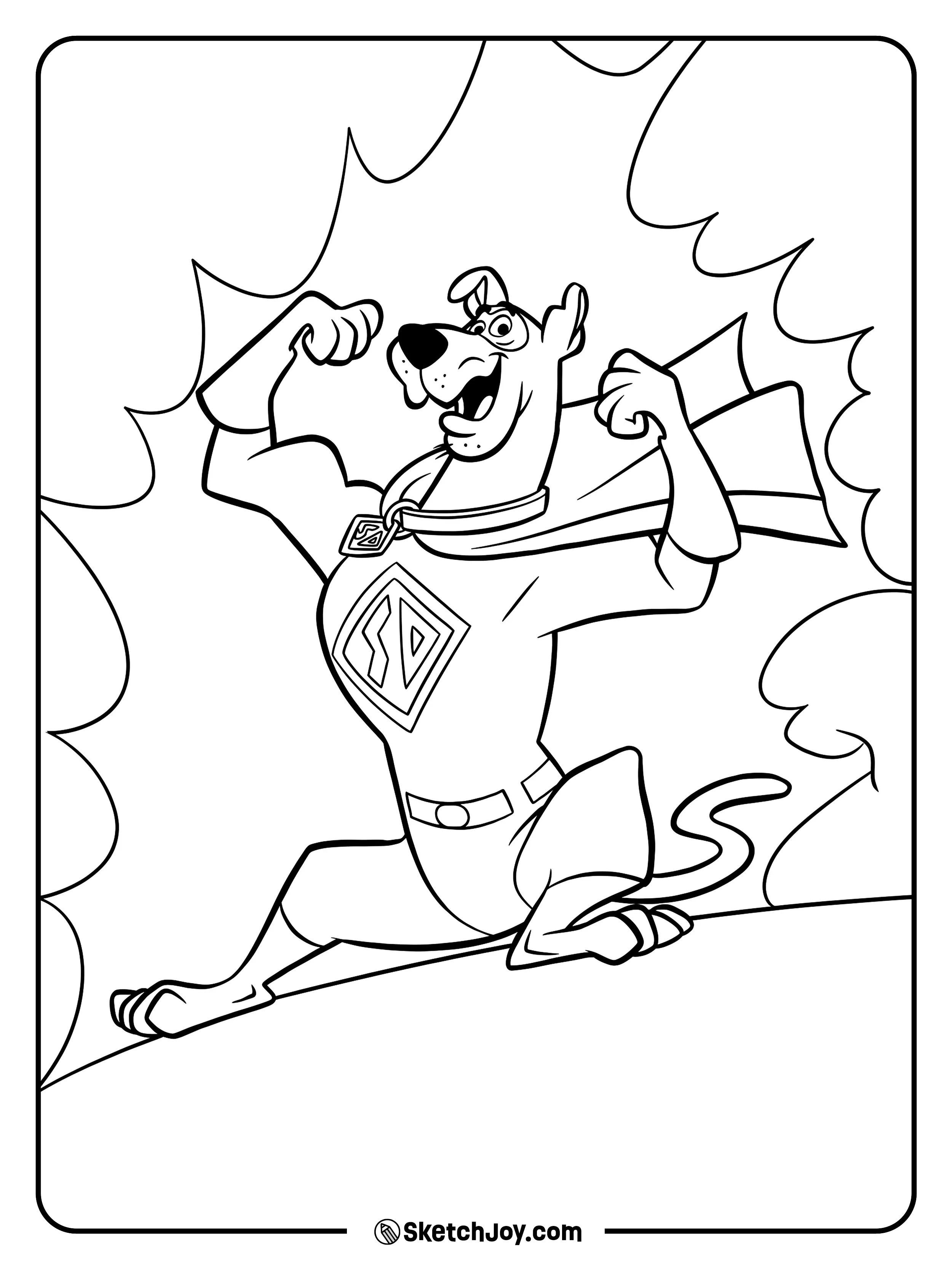 Scooby-Doo shows off his superhero suit with a proud and cheerful smile.