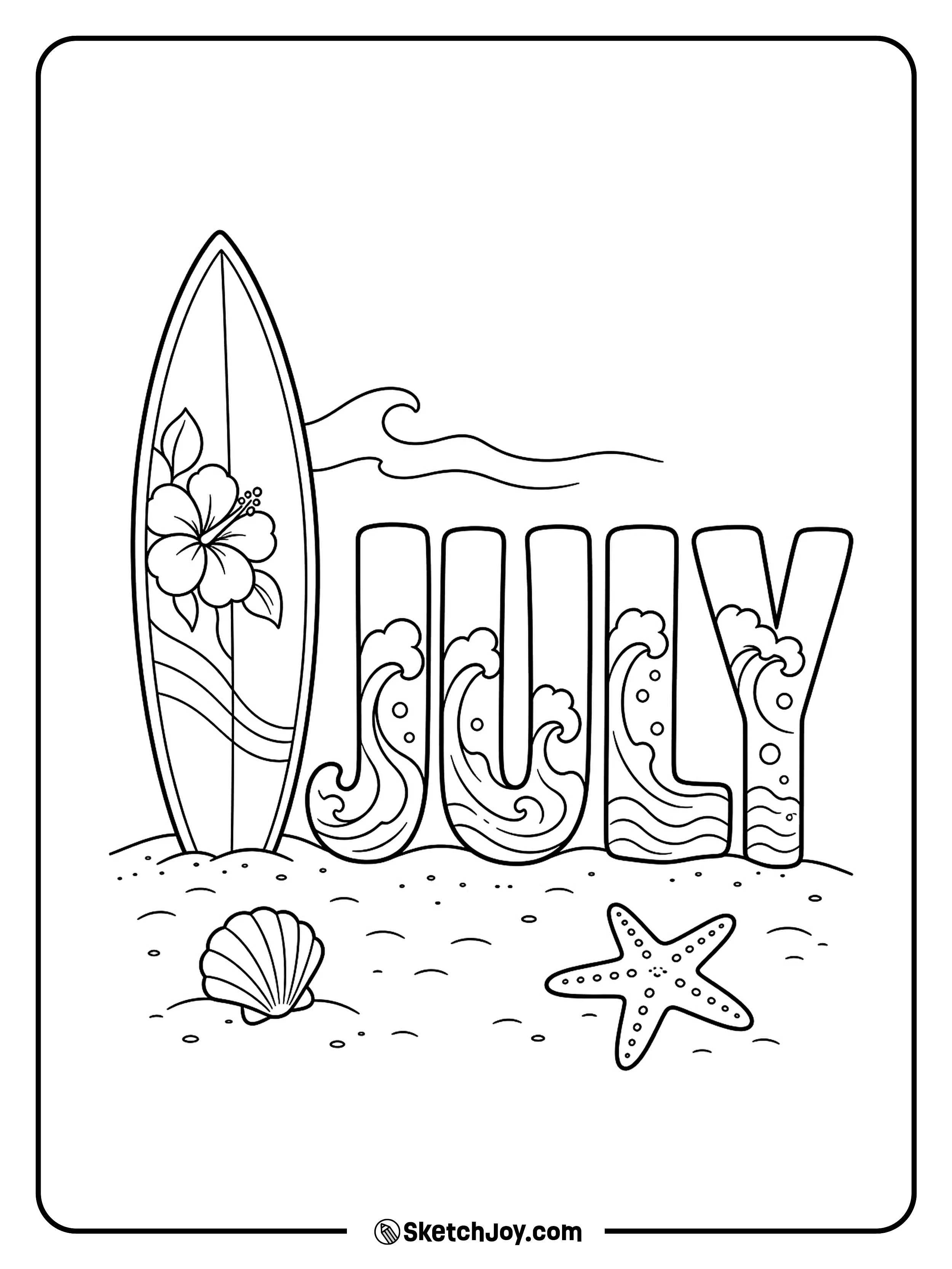 A surfboard stands with wave-style JULY letters.