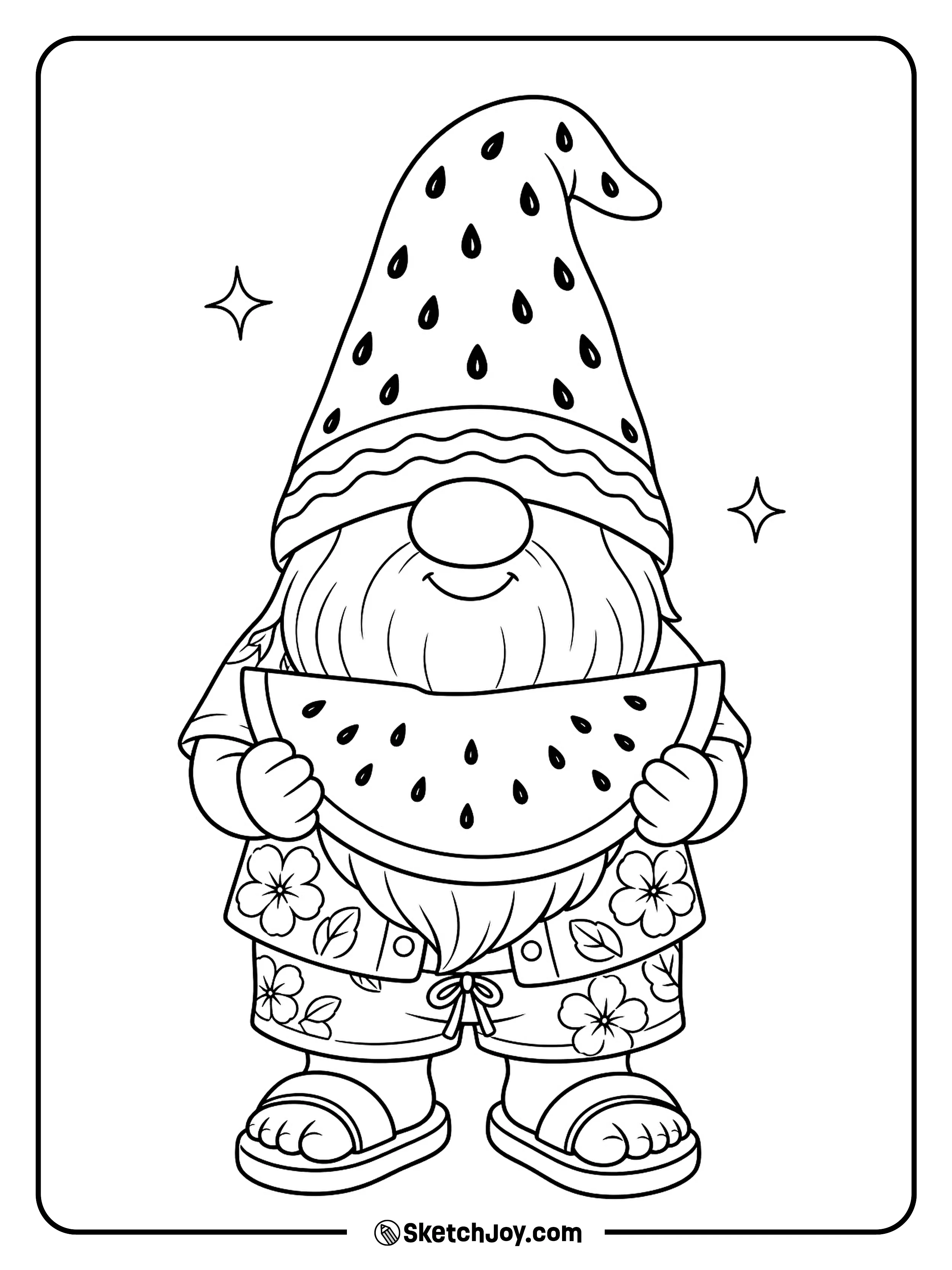 A cheerful gnome holds a watermelon slice under a tall seed-covered hat.