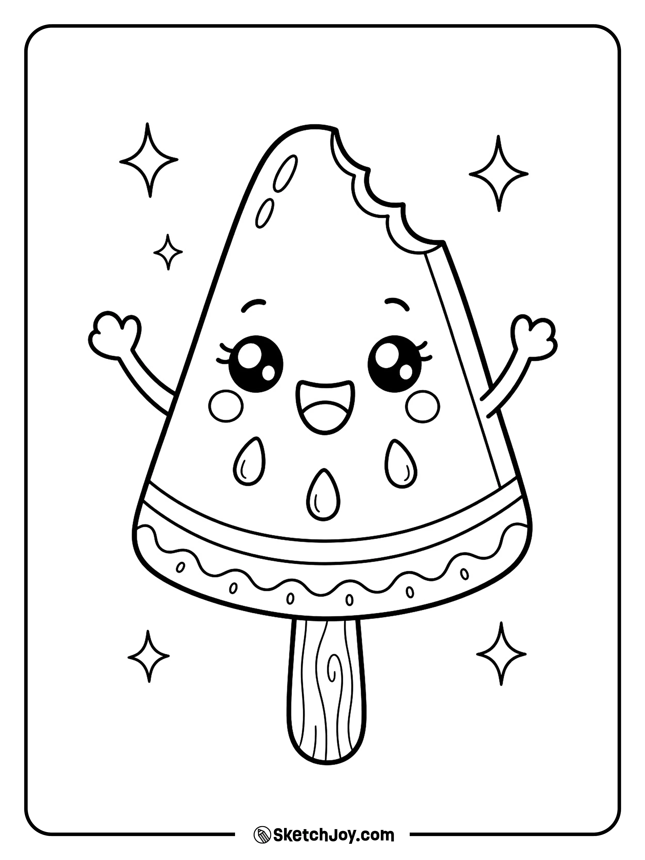 A smiling watermelon popsicle has a tiny bite missing from one corner.