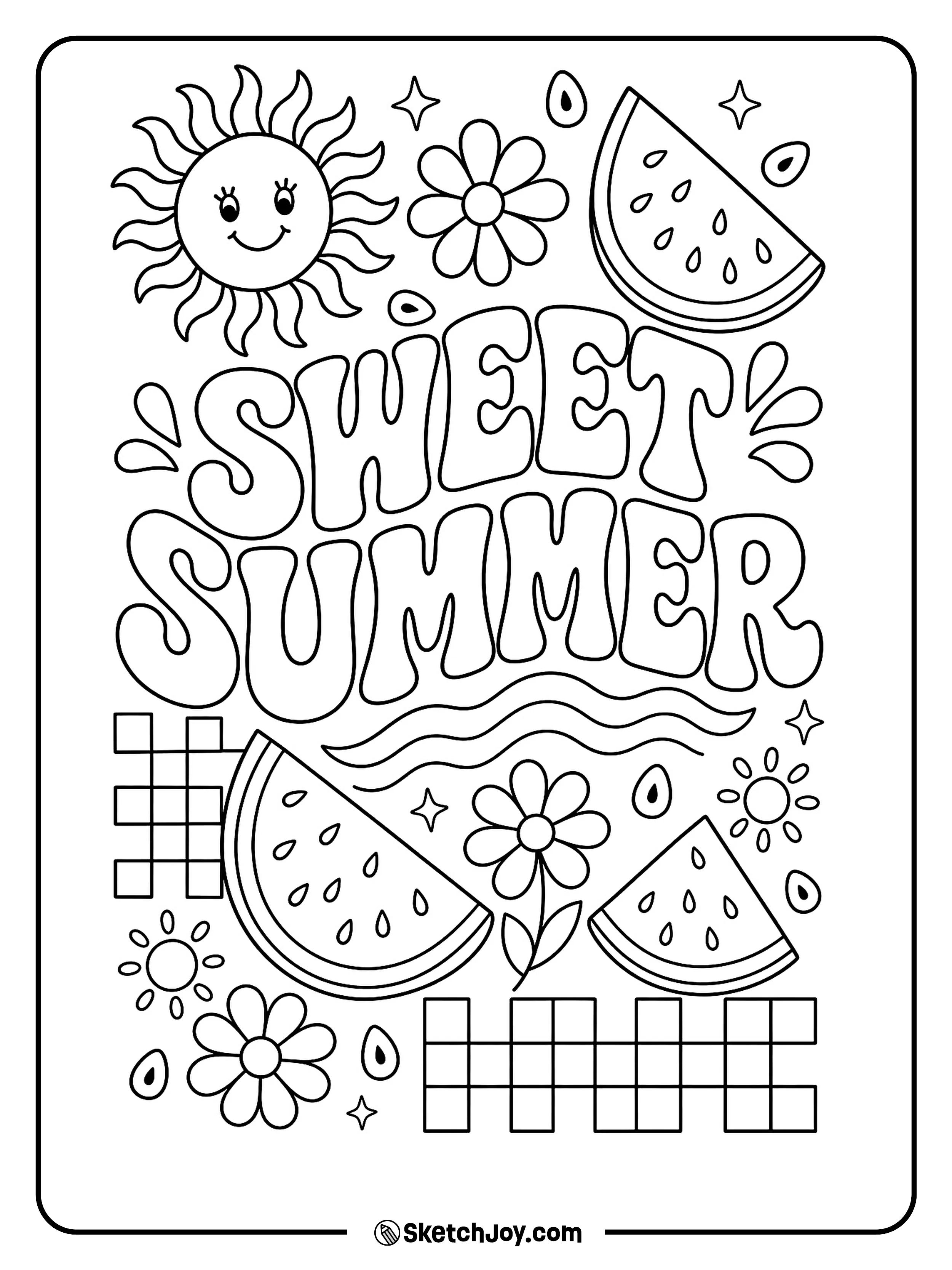 Bold retro letters sit among watermelon slices, flowers, waves, and small suns.