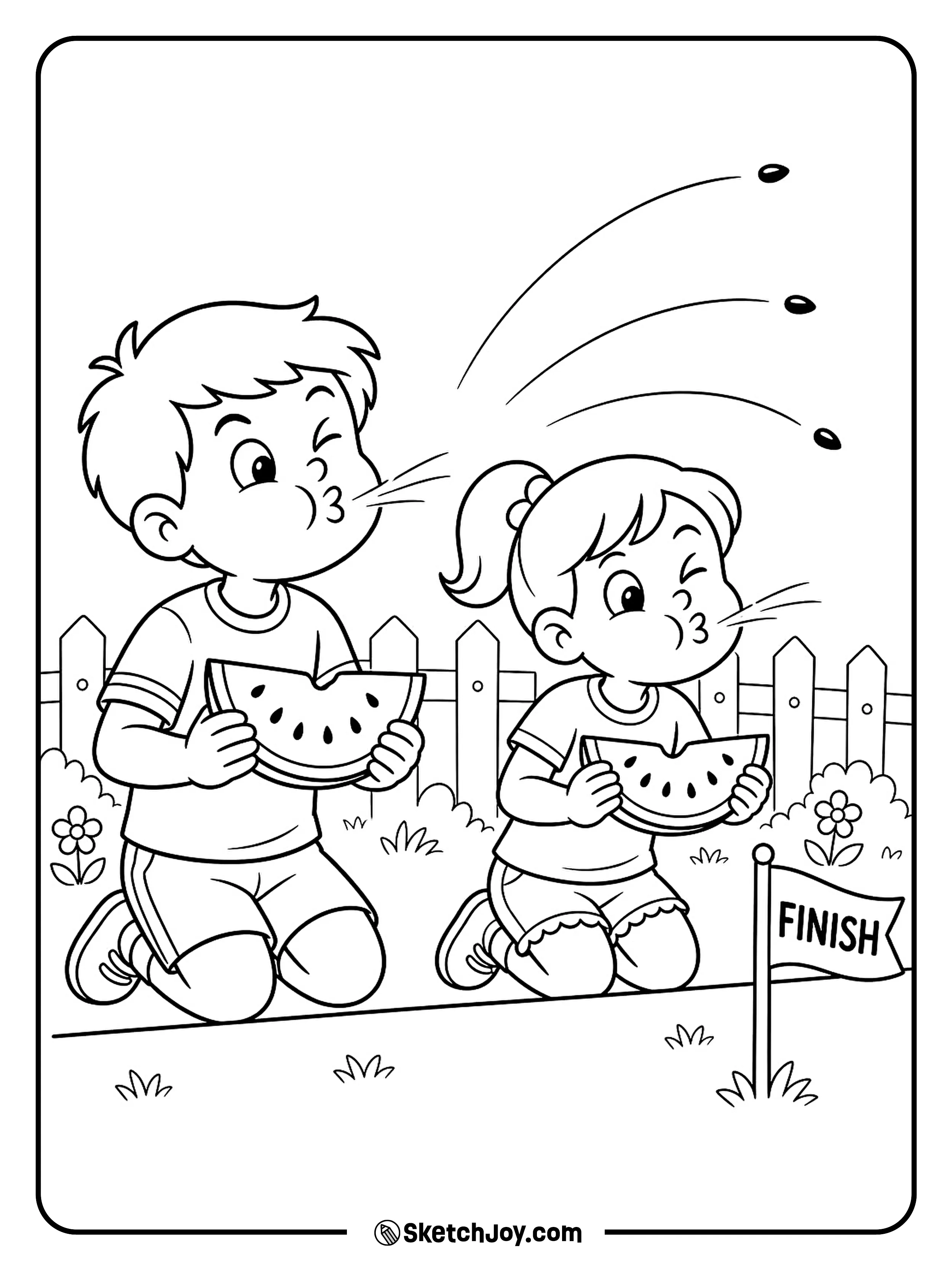 Two playful children try to send watermelon seeds past a finish line.