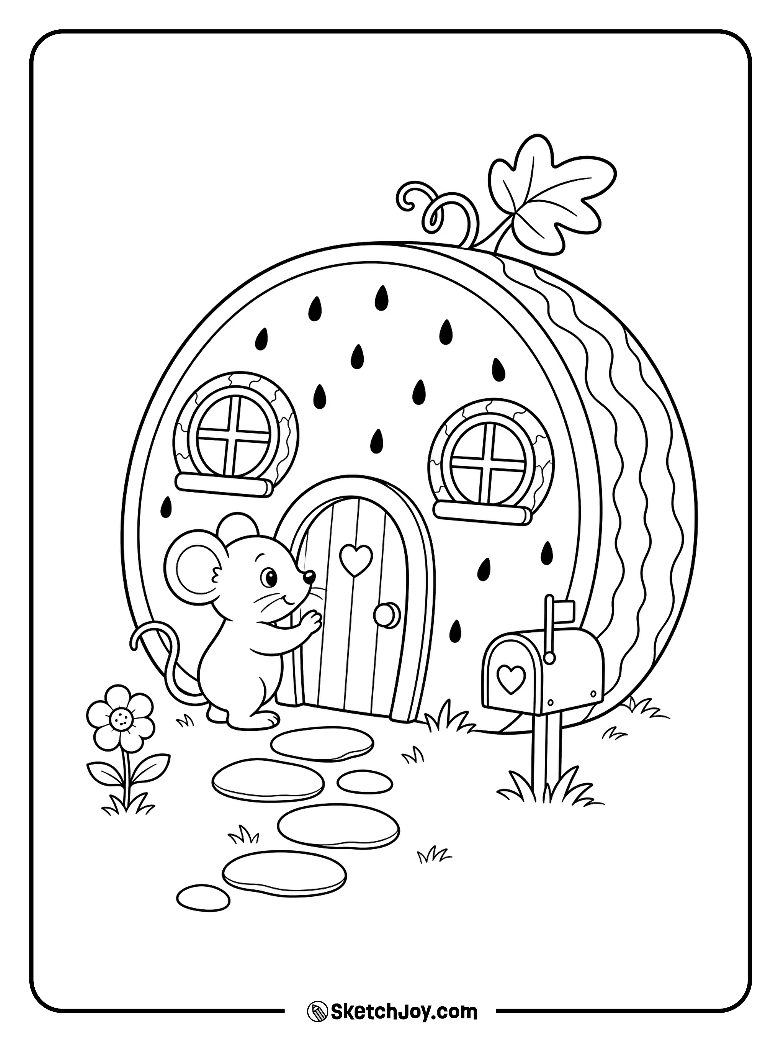 A tiny mouse lives inside a cozy house shaped like half a watermelon.