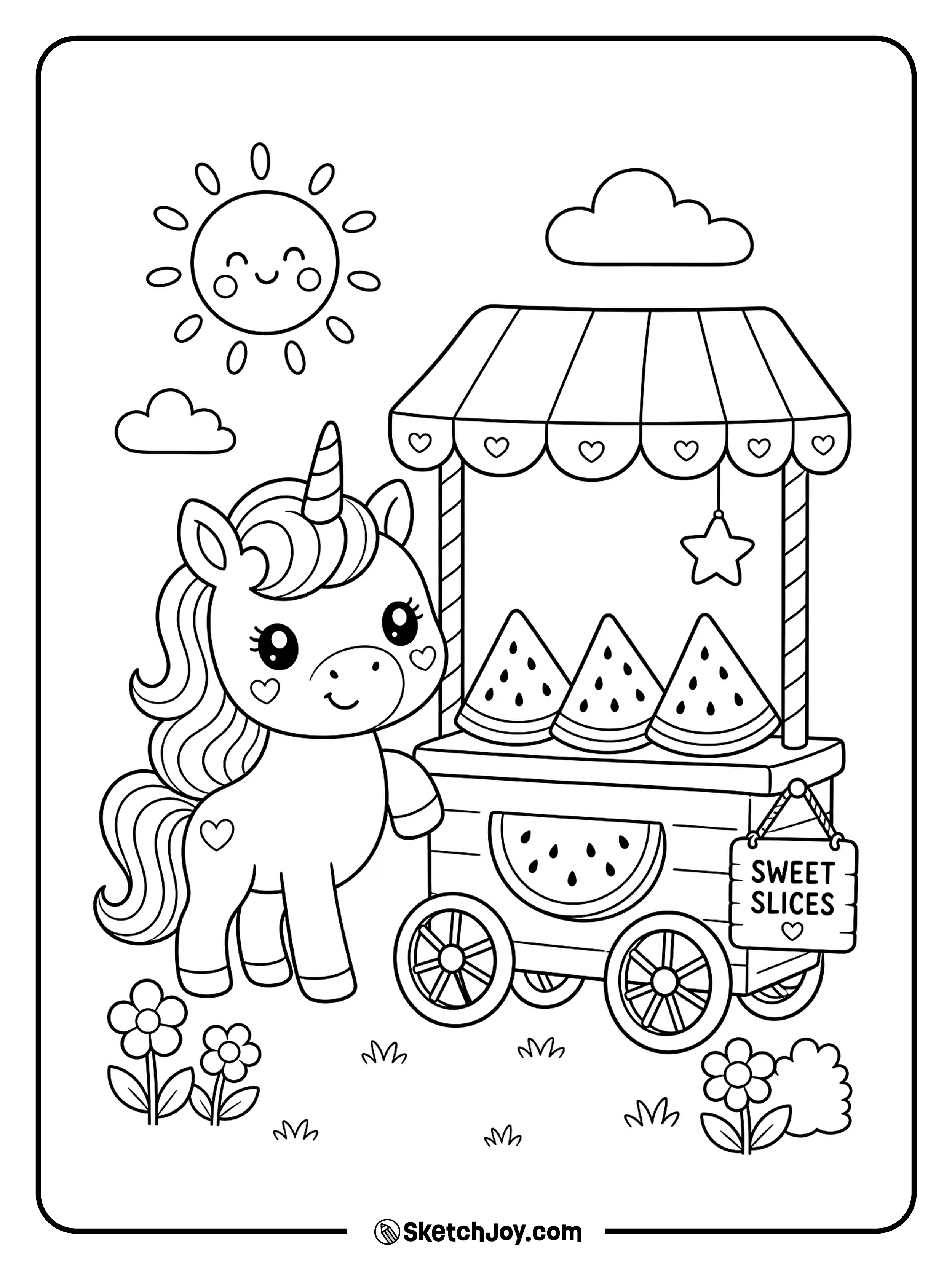 A smiling unicorn sells watermelon slices from a small striped cart.