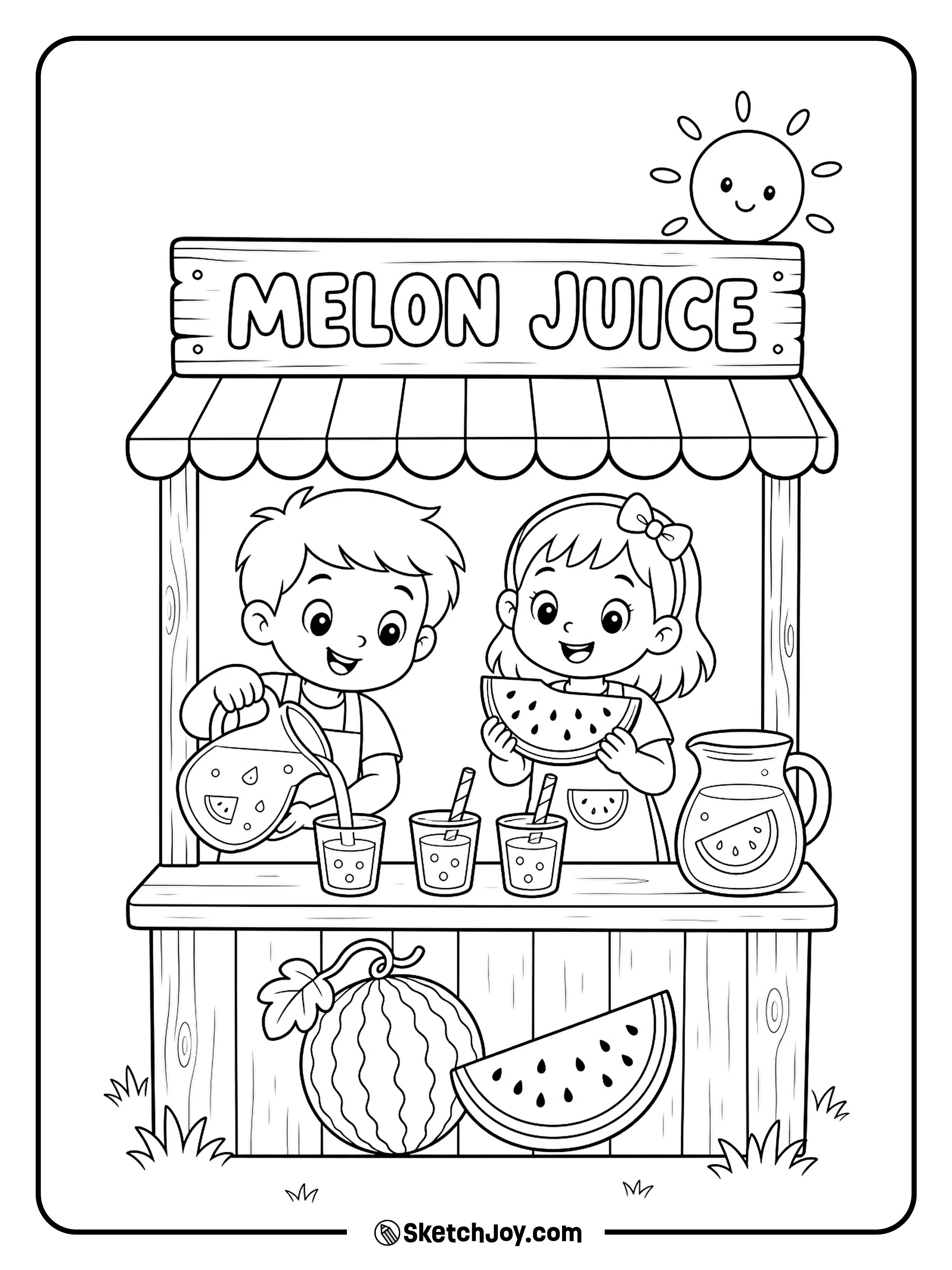 Two friends serve cold watermelon drinks from a small summer stand.