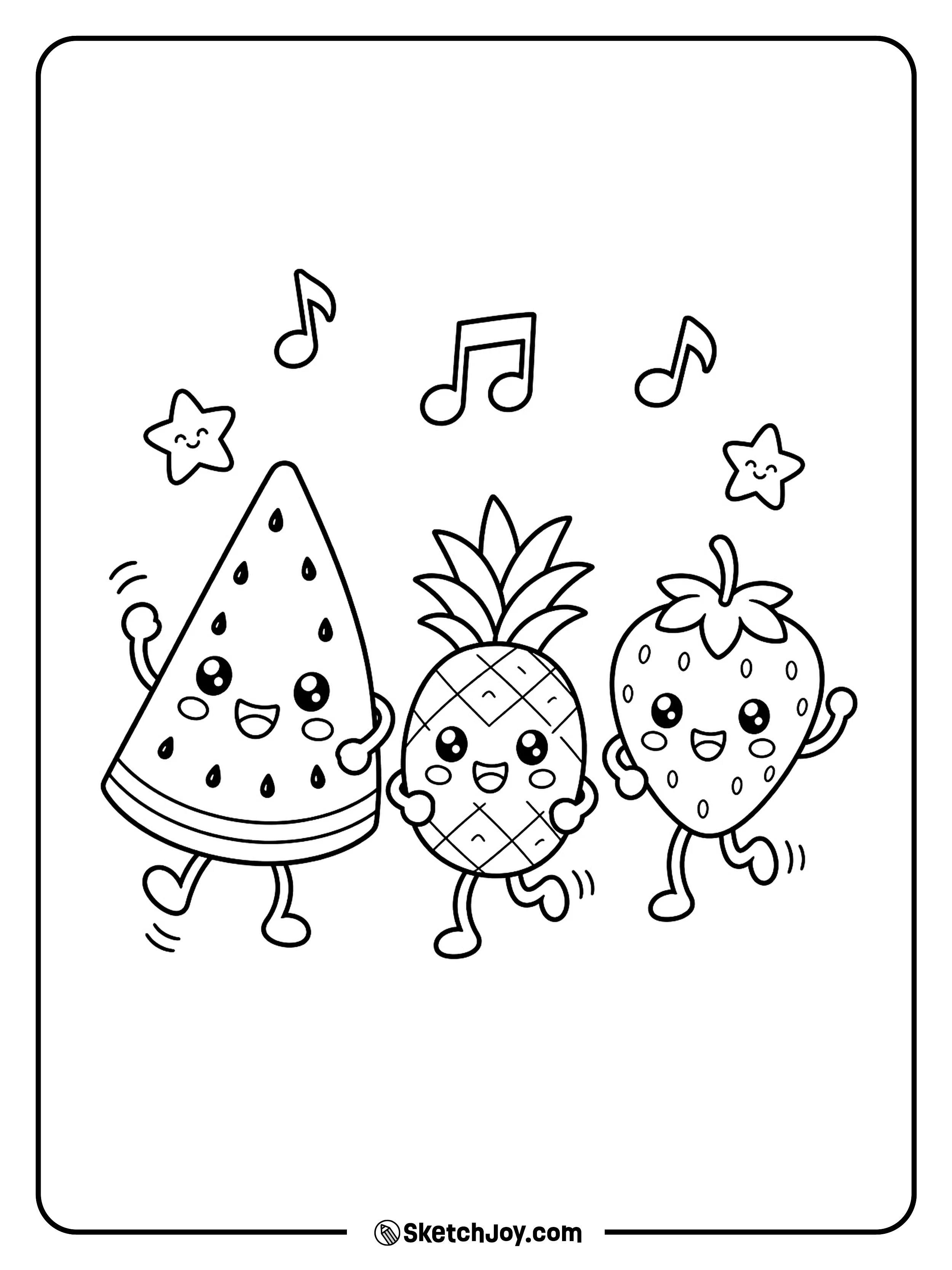Watermelon, pineapple, and strawberry friends dance together with happy faces.