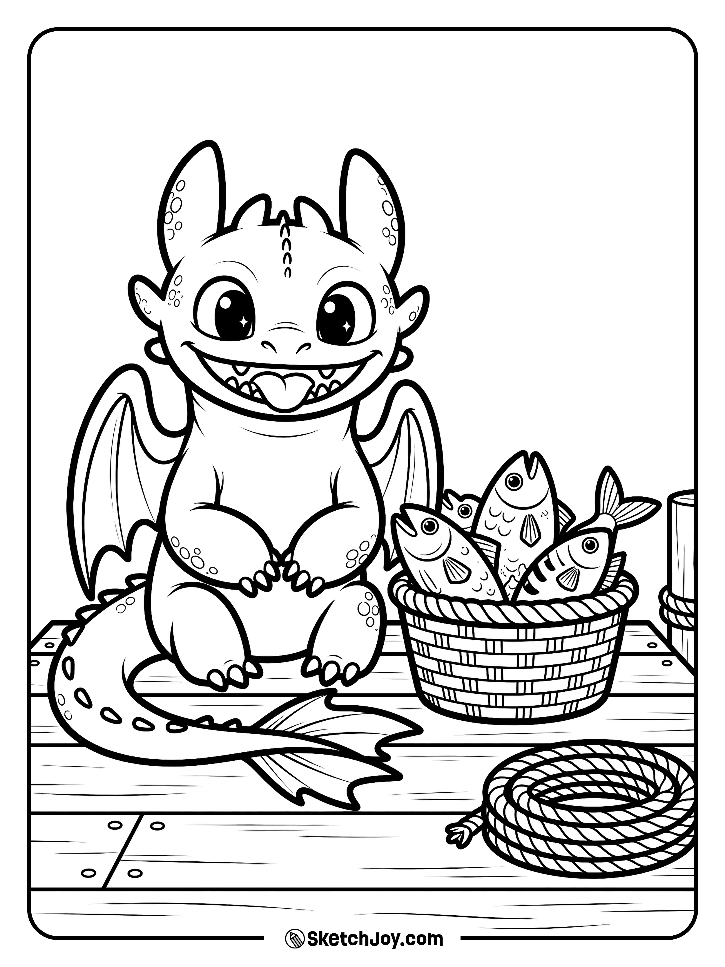 Toothless looks happy beside a little basket of fish.