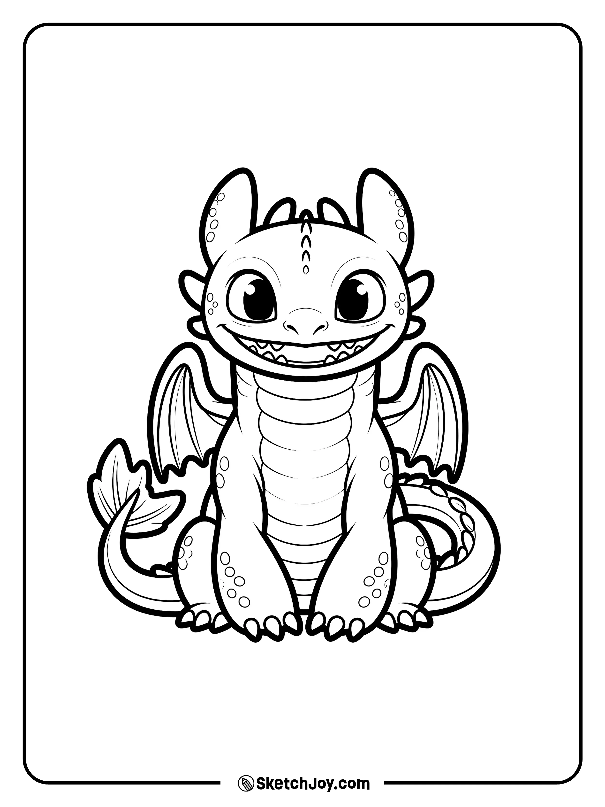 Toothless sits with a sweet grin and big eyes in a fun pose.