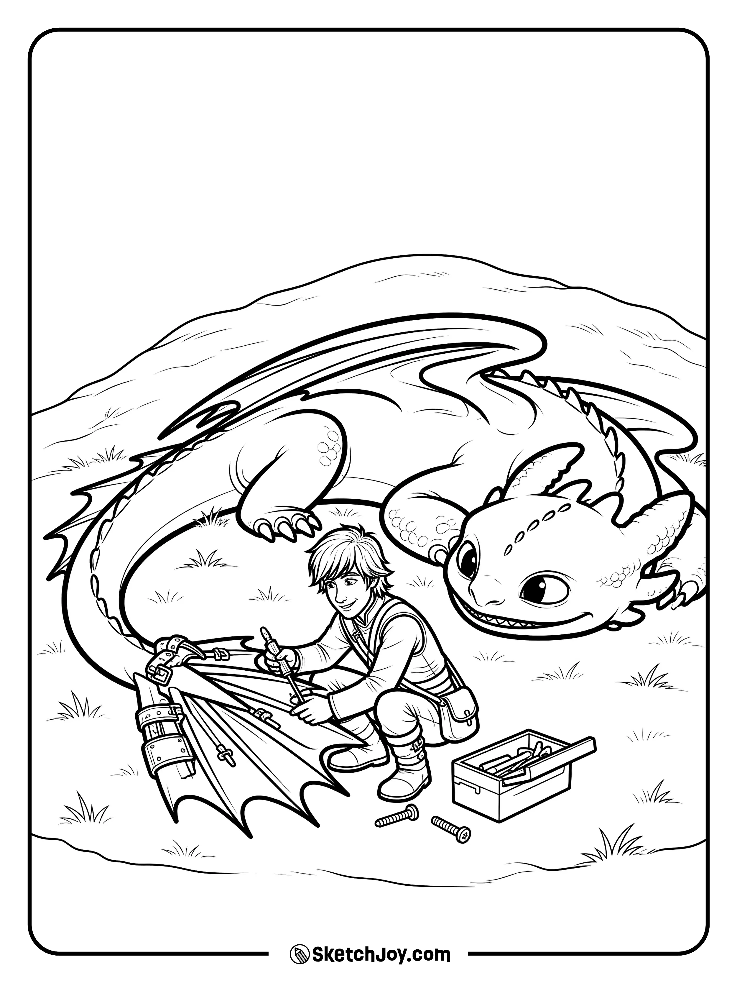 Hiccup checks Toothless’s tail fin before a flight.