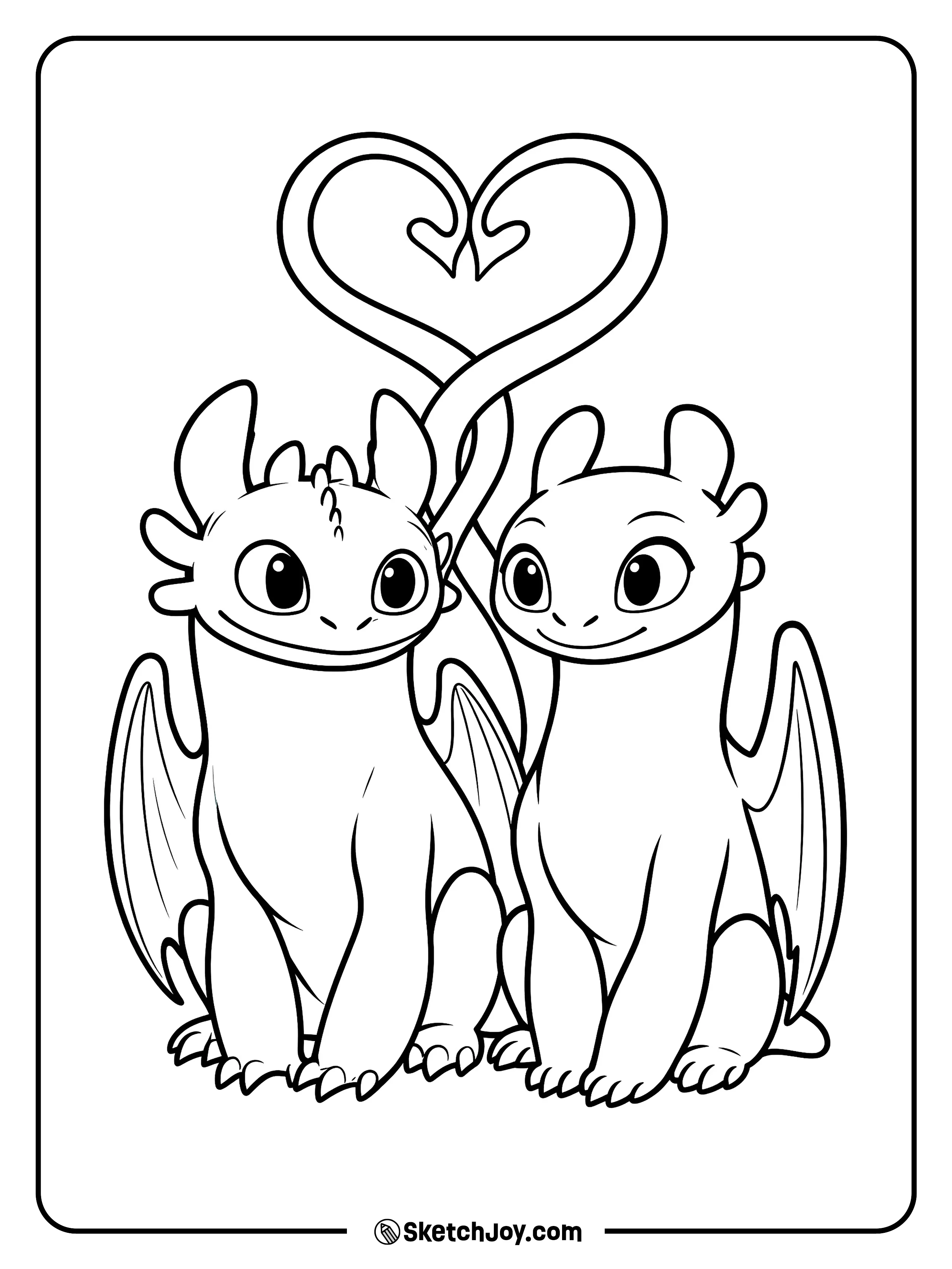 Toothless and Light Fury sit together as their tails form a sweet heart.