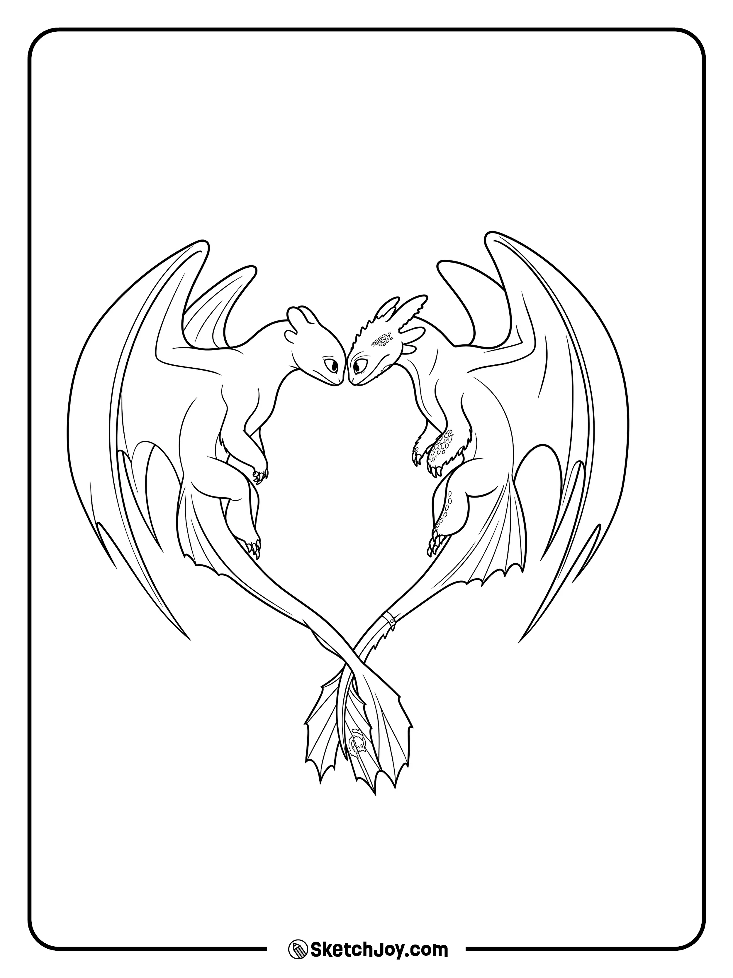 Toothless and Light Fury form a heart shape with their wings and tails.