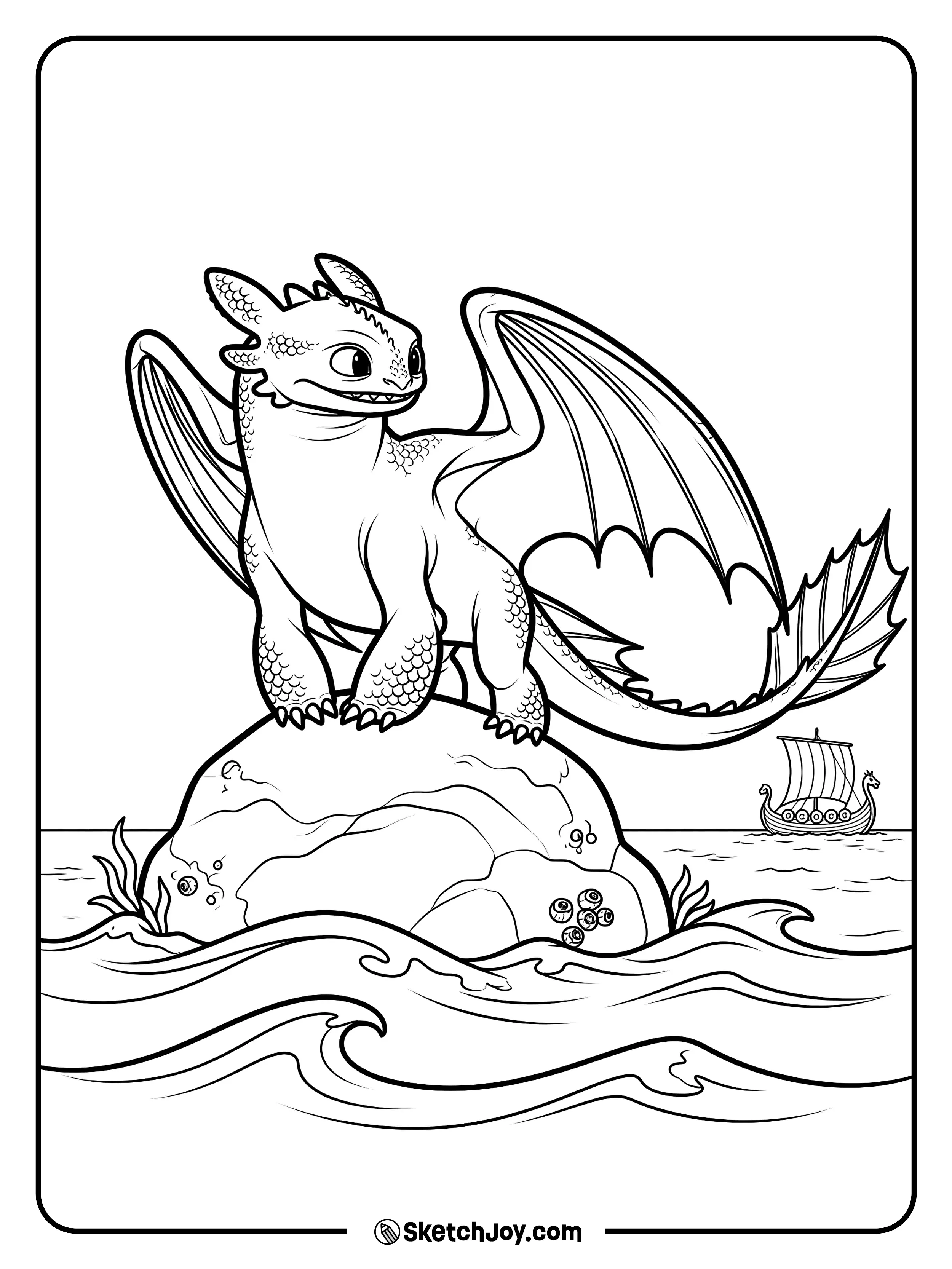 Toothless stands proudly on a small rock near the sea.