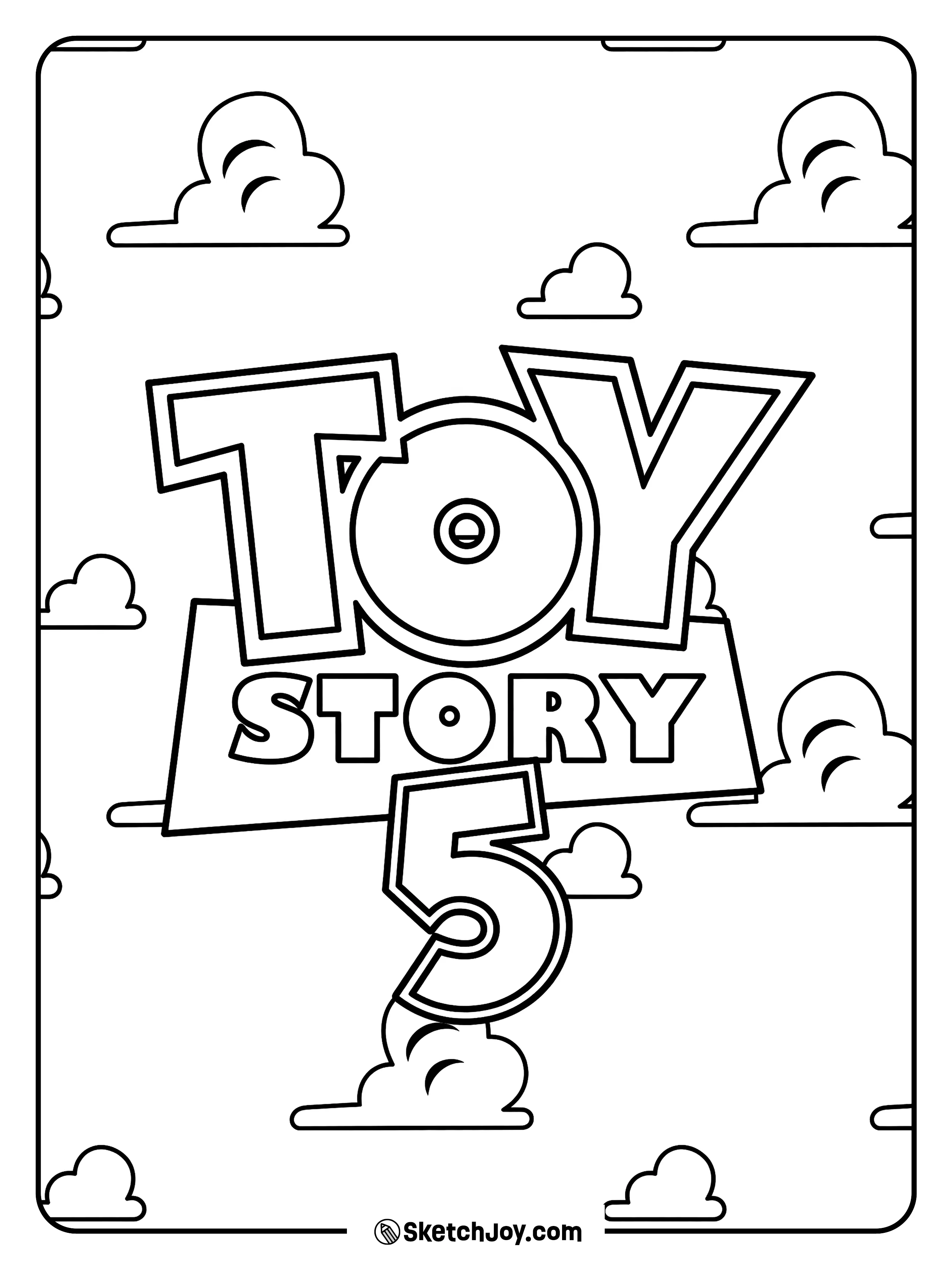 The Toy Story 5 logo appears among the famous cloud shapes.