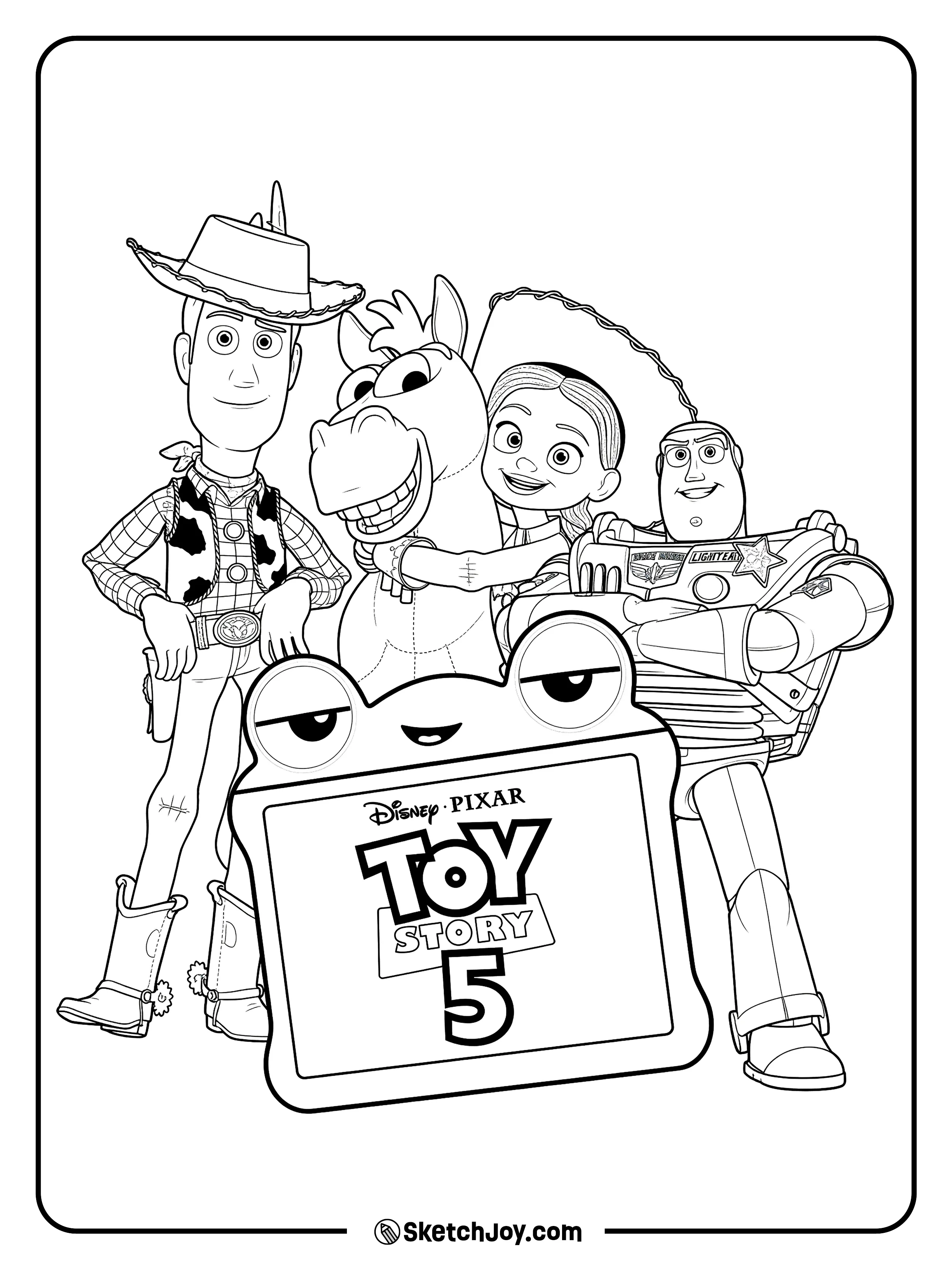 Woody, Jessie, Buzz, and Bullseye gather behind Lilypad.