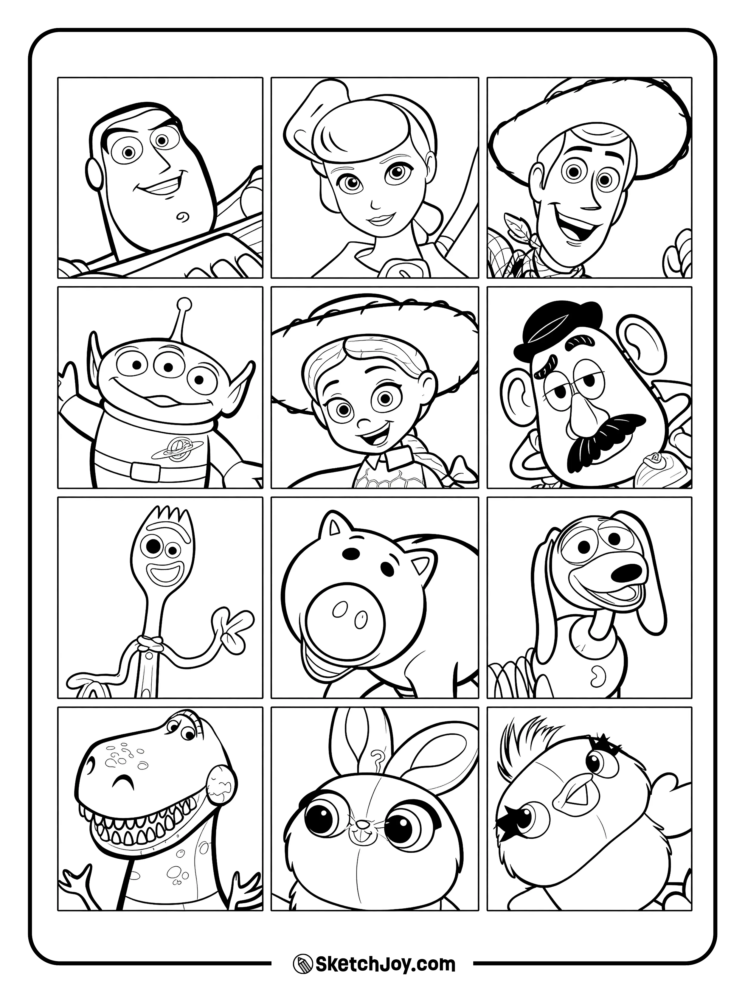 Twelve well-known Toy Story friends smile from their own boxes.