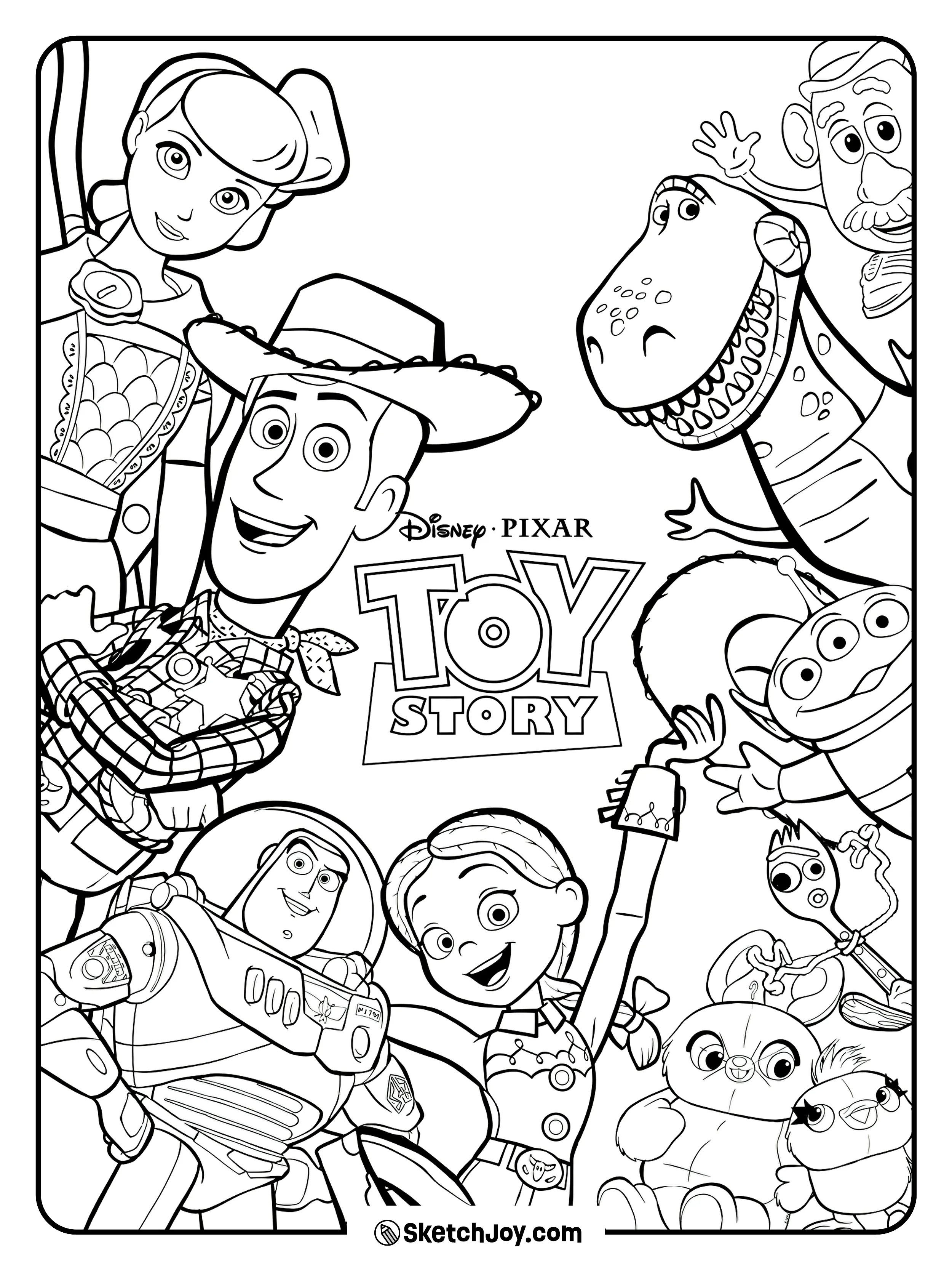 Woody, Buzz, Jessie, and their friends gather around the Toy Story logo.