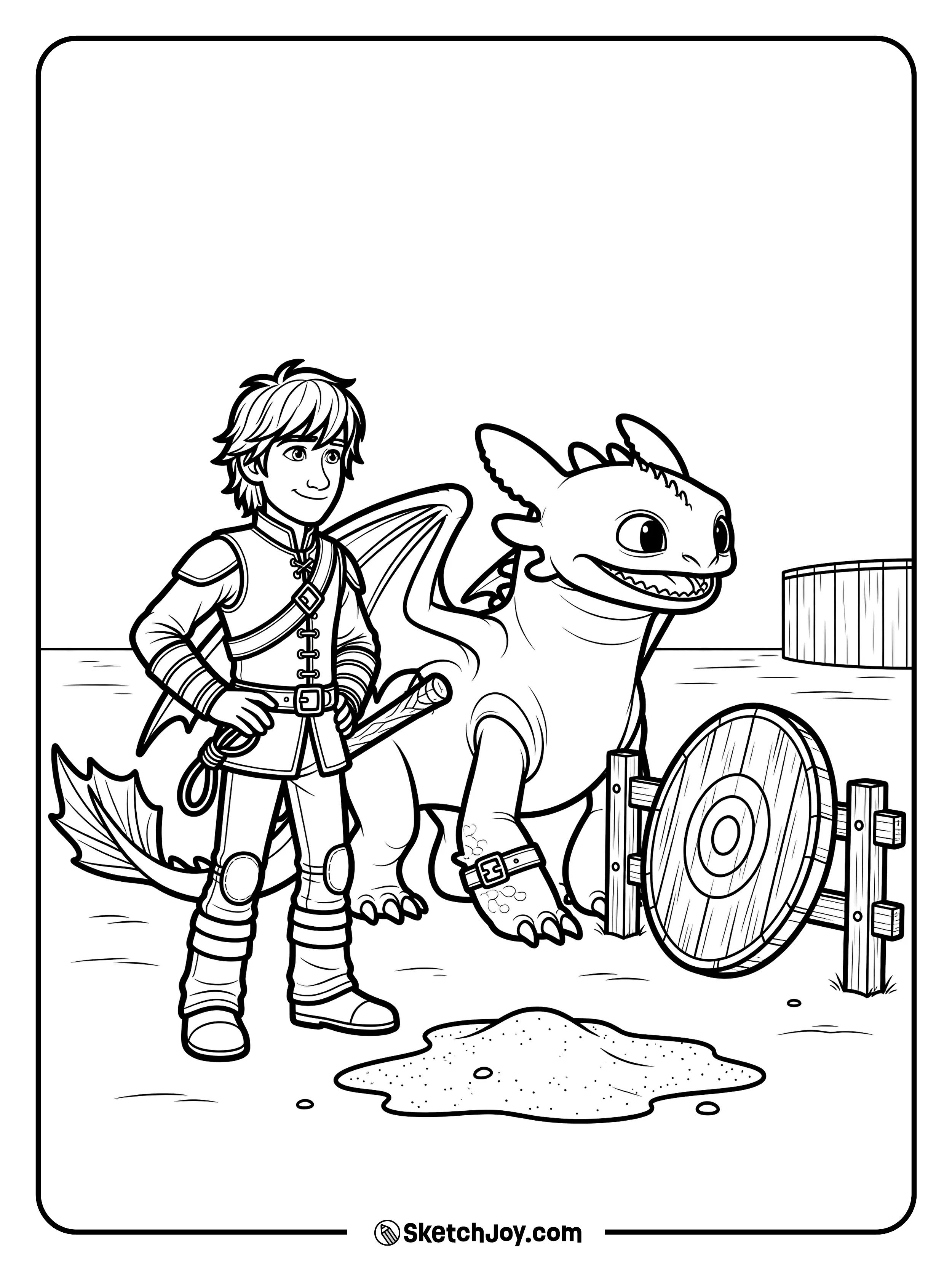 Hiccup and Toothless practice near a wooden target.